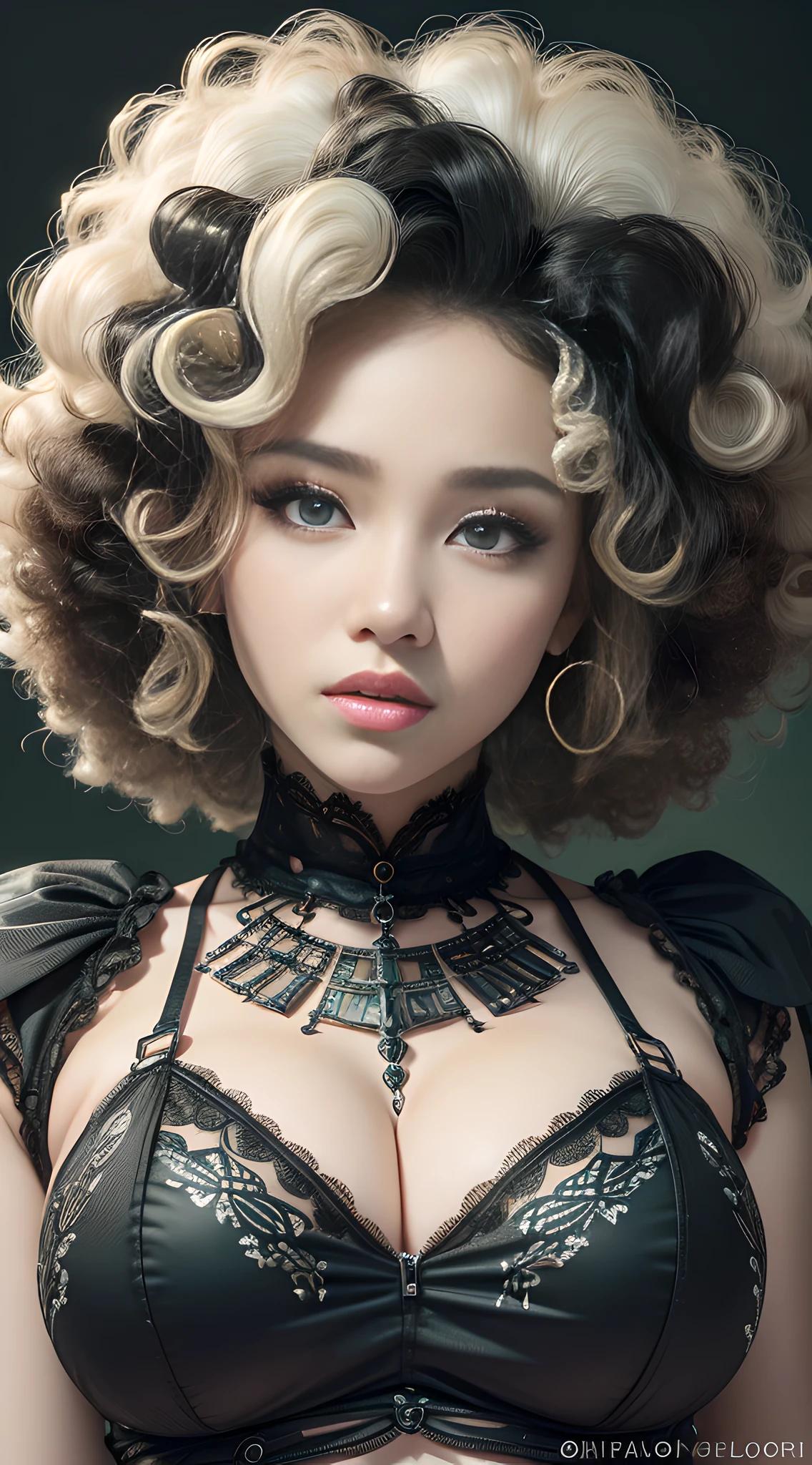 Girl Highly Detailed Face and Skin Texture, ((white skin)) big green eyes, slim face, juicy lips, bimbo lips, big puffy breast, ((afro curly Black hair)), pale skin, Detailed Eyes, Double Eyelids,