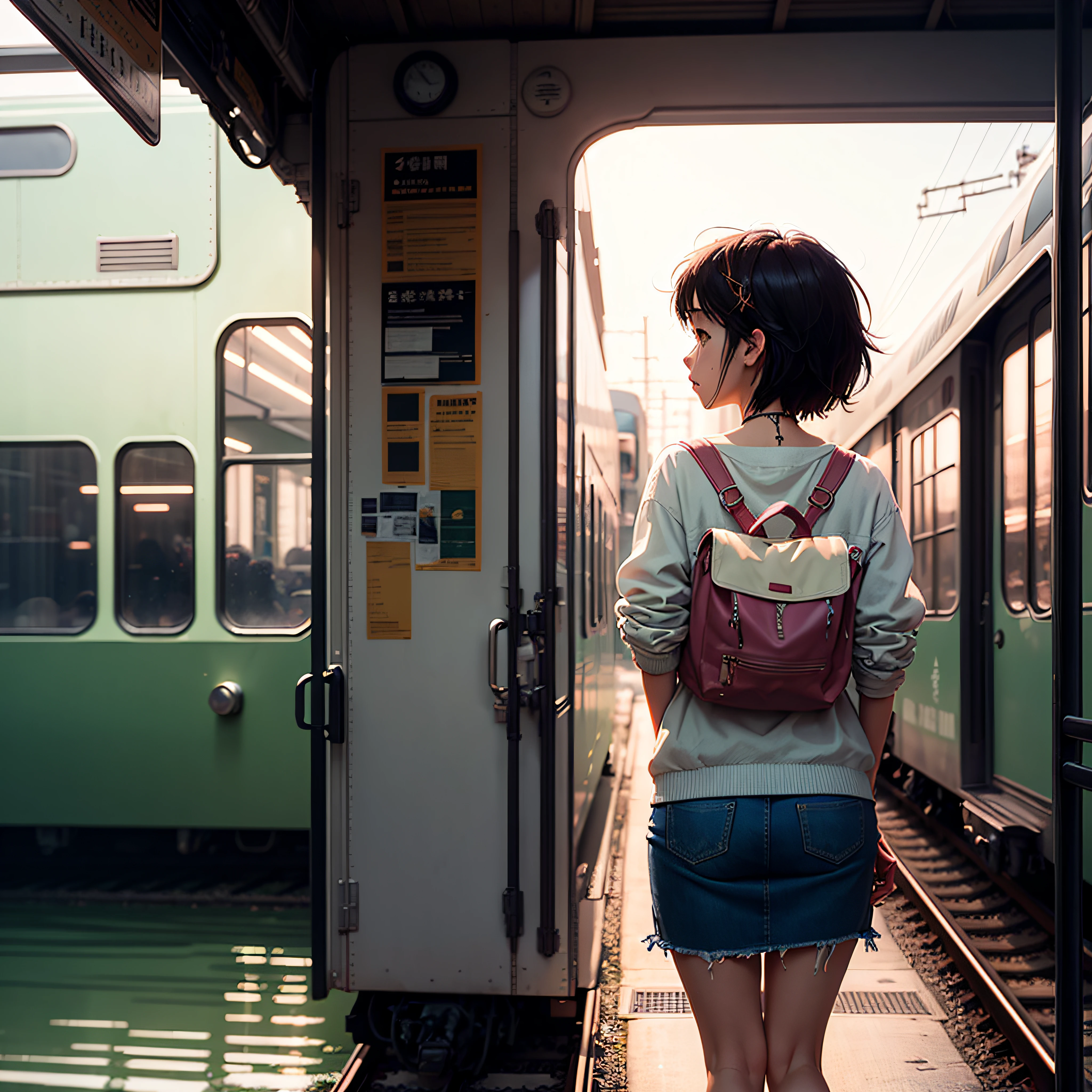 Masterpiece, anime train on tracks through a body of water, pink train. Romantic Train, Makoto Shinkai&#39;s picture, pixiv, concept art, lofi art style, reflection. by makoto shinkai, lofi art, beautiful anime scenes, anime scenery, detailed scenery—width 672, in style of makoto shinkai, style of makoto shinkai, details enhanced. --auto