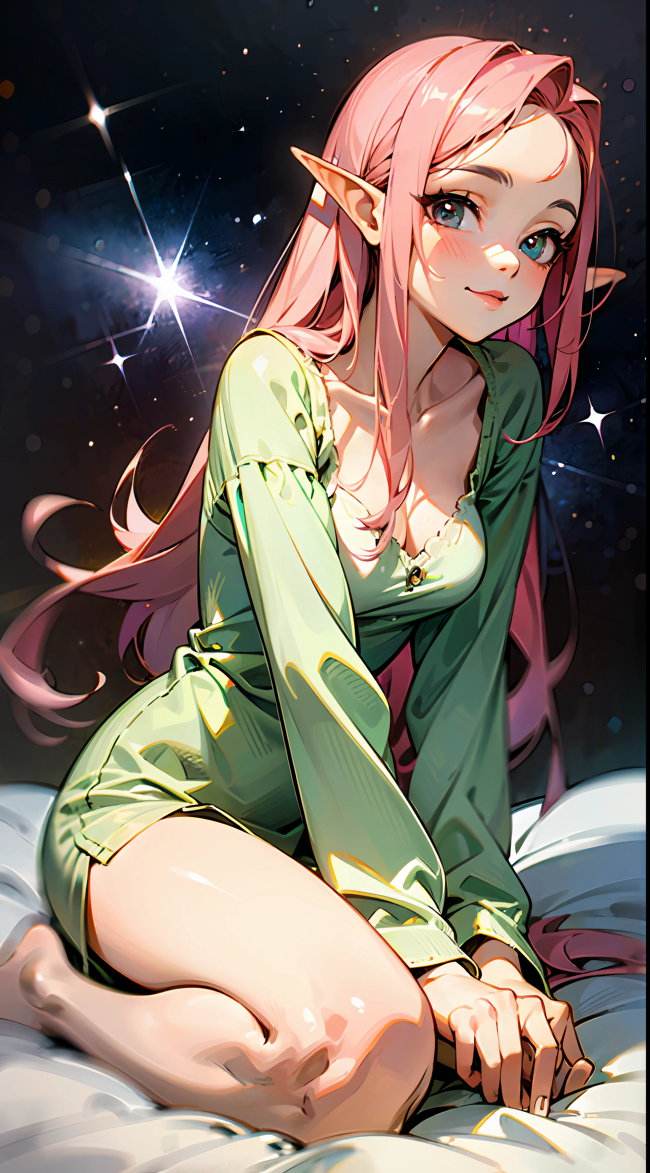 Masterpiece, high image quality, high definition, skeleton faithful to human anatomy, pale color, realistic eyes, kind eyes, detailed illustrations, starry sky, fantastic landscape, vertical elliptical face, young beauty elf, ultimate smooth skin, western nose, fullbody, mouth closed, thin long ears, long pink hair, straight hair, smile, one woman in white pajamas, one puppy, play with cream-colored puppy long-coat chihuahuas, on the bed,