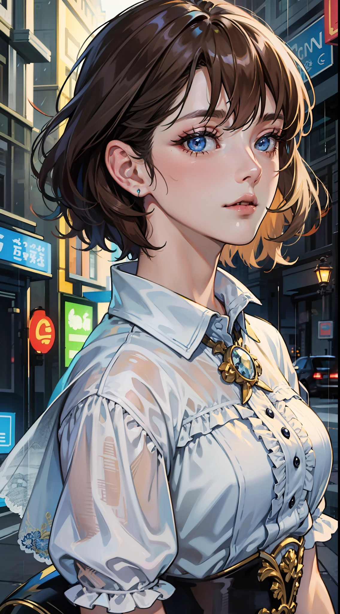 kk, best quality, more details, masterpiece, 1 girl, portrait, female focus, blue eyes like diamonds, solo, bangs, look at the viewer, frilly shirt, short hair, rain, fantasy city, palace, \(city\), highlights, nail polish, brown hair, wavy, luxurious, 8k, detailed, ray tracing, depth of field, cinematic lighting,