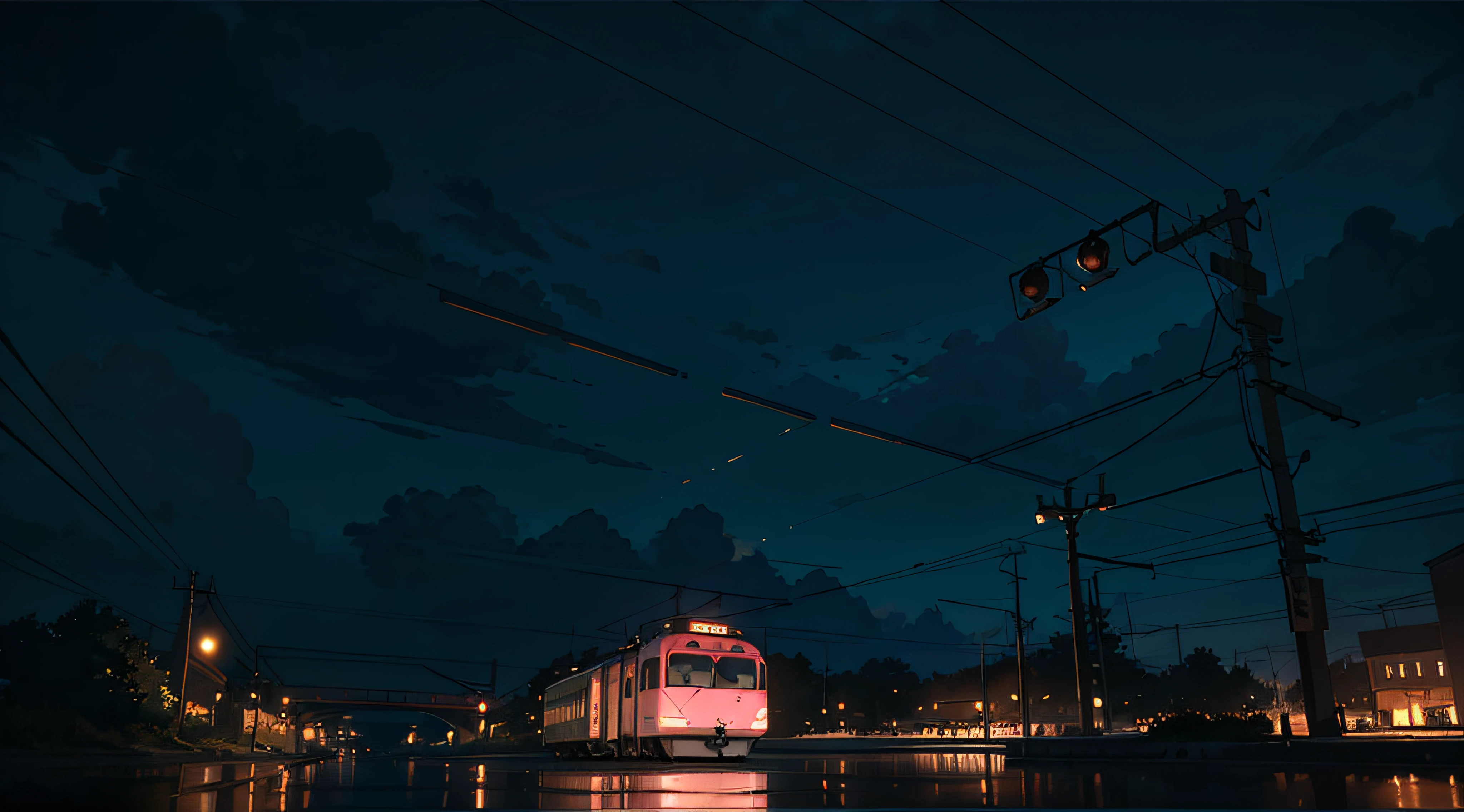 Masterpiece, anime train on tracks through a body of water, pink train. Romantic Train, Makoto Shinkai's picture, pixiv, concept art, lofi art style, reflection. by makoto shinkai, lofi art, beautiful anime scenes, anime scenery, detailed scenery—width 672, in style of makoto shinkai, style of makoto shinkai, details enhanced. --auto
