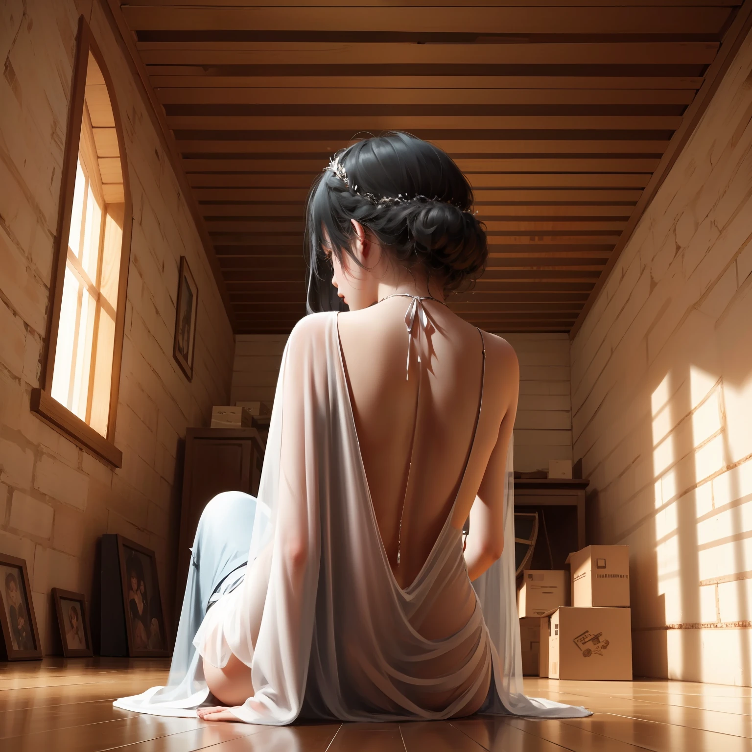 with black hair on her back fiddling in the dusty attic with several boxes, with many cobwebs very realistic cinematic 8k --auto