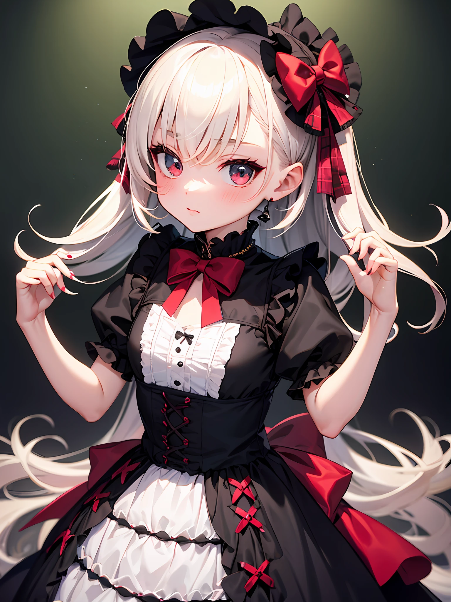 Plaid dress, bow, lolita fashion, lolita style, anime girl cosplay, loli, cute, angelic pretty, loli, portrait of lolita girl, red checker, y 2k, y2k, emo style, non-mainstream, red checker, mine-series girl, harajuku style, exaggerated dressing, complex decorations, rock style, gothic style