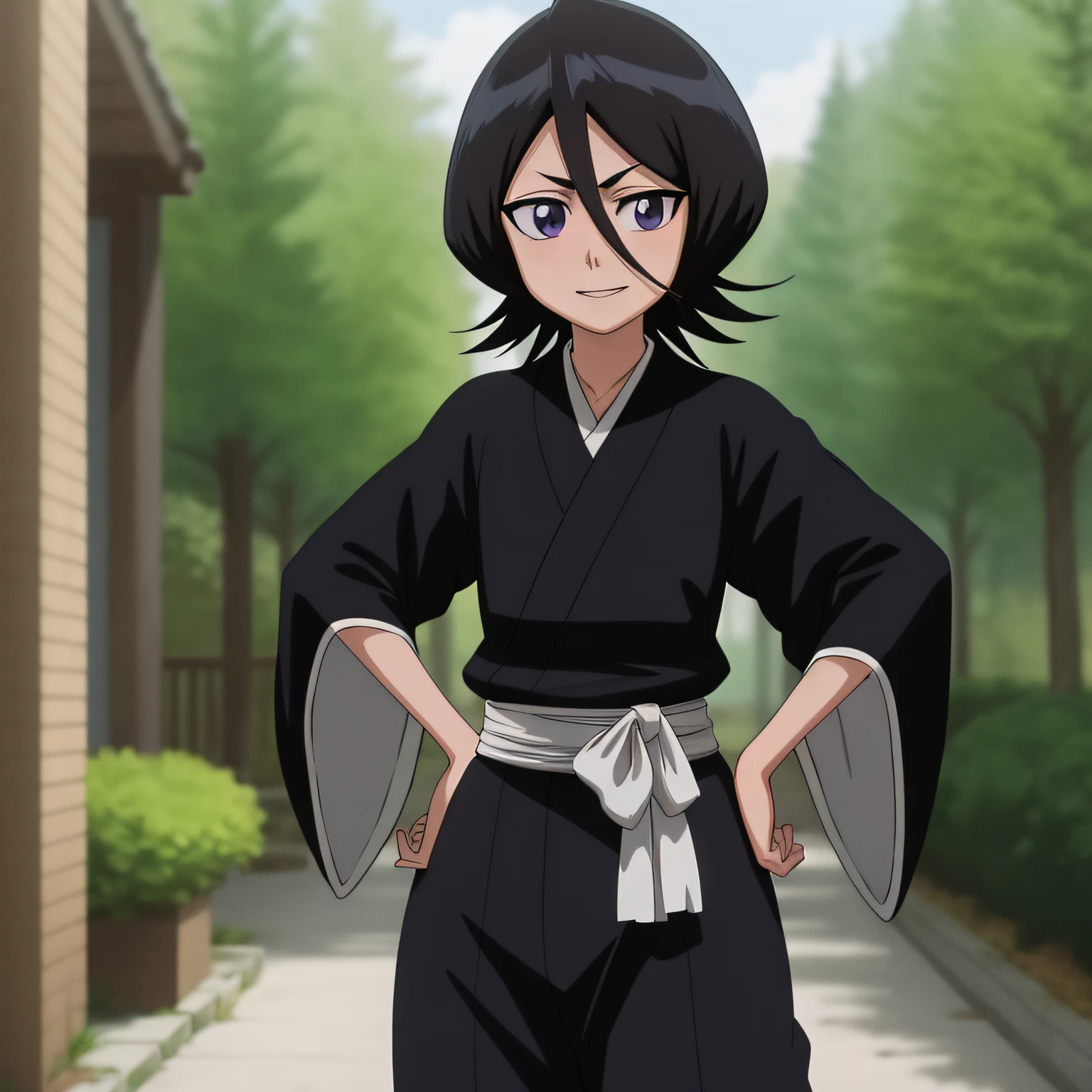 anime screencap, forest,path,
1girl, solo, hand on hip, short hair, black hair, purple eyes, japanese clothes, smile, looking at viewer, black kimono, hair between eyes, cowboy shot, wide sleeves, facing viewer, black hakama,white_sash,