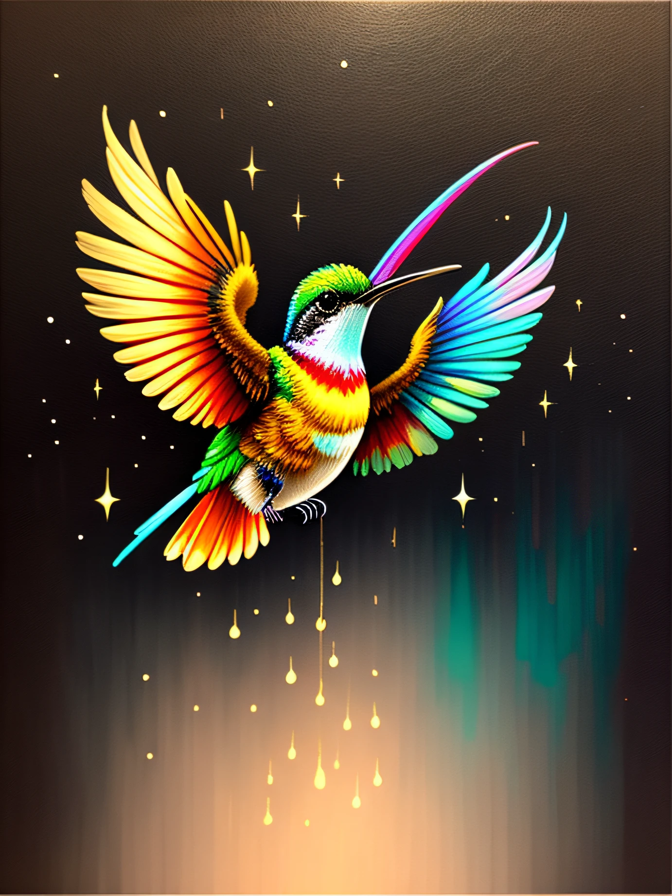 a painting of two colored hummingbirds in mid air on a black background,, breathtaking rendering, within a radiant connection, inspired by Kinuko Y. Craft,, magical elements, kitten icon, wow, is beautiful, casting a multi colorful spell, bright flash, flash