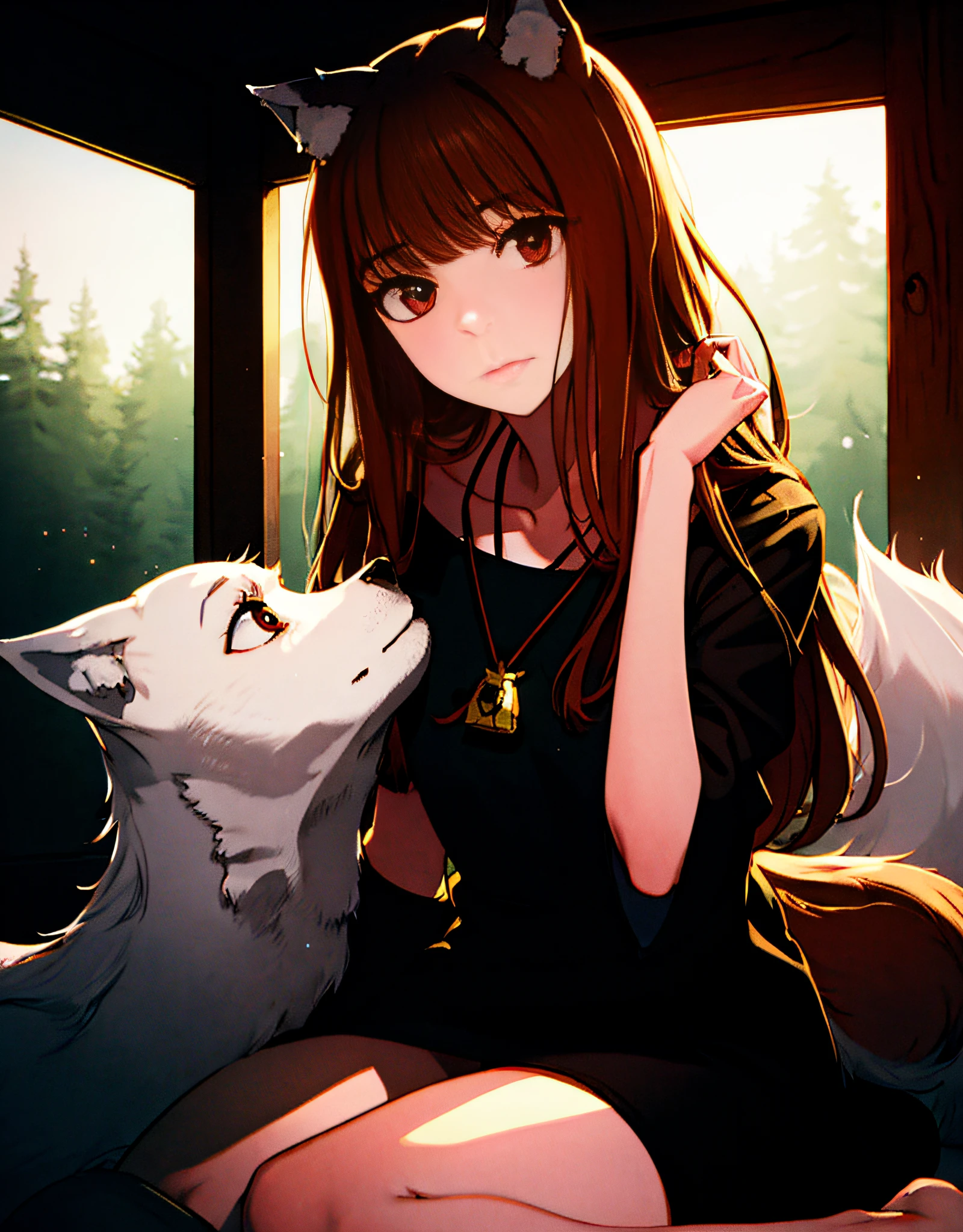 masterpiece, best quality,1girl, wolf ears, tail:0.6 delicate face, red eyes, (beautiful eyes:1.1), wolf girl, brown hair, long hair, black dress, lace, black thigh-highs, head tilt,  wallpaper, HDR,  illustration, high quality,high-definition, extremely detailed, subsurface scattering, light particles, natural light, shadow, contrast, texture, detail, realism, impressionistic, expressionistic, abstract, innovative, experimental, unique, warmth, coziness, intimacy, personal space, privacy, relaxation, ease, contentment, pleasure, self-expression, individuality, fashion, style, aesthetics, beauty,  imagination, artistry, composition, balance, harmony, rhythm, color, light, shadow, reflection, refraction, tone, contrast, foreground, middle ground, background, naturalistic, figurative, representational.