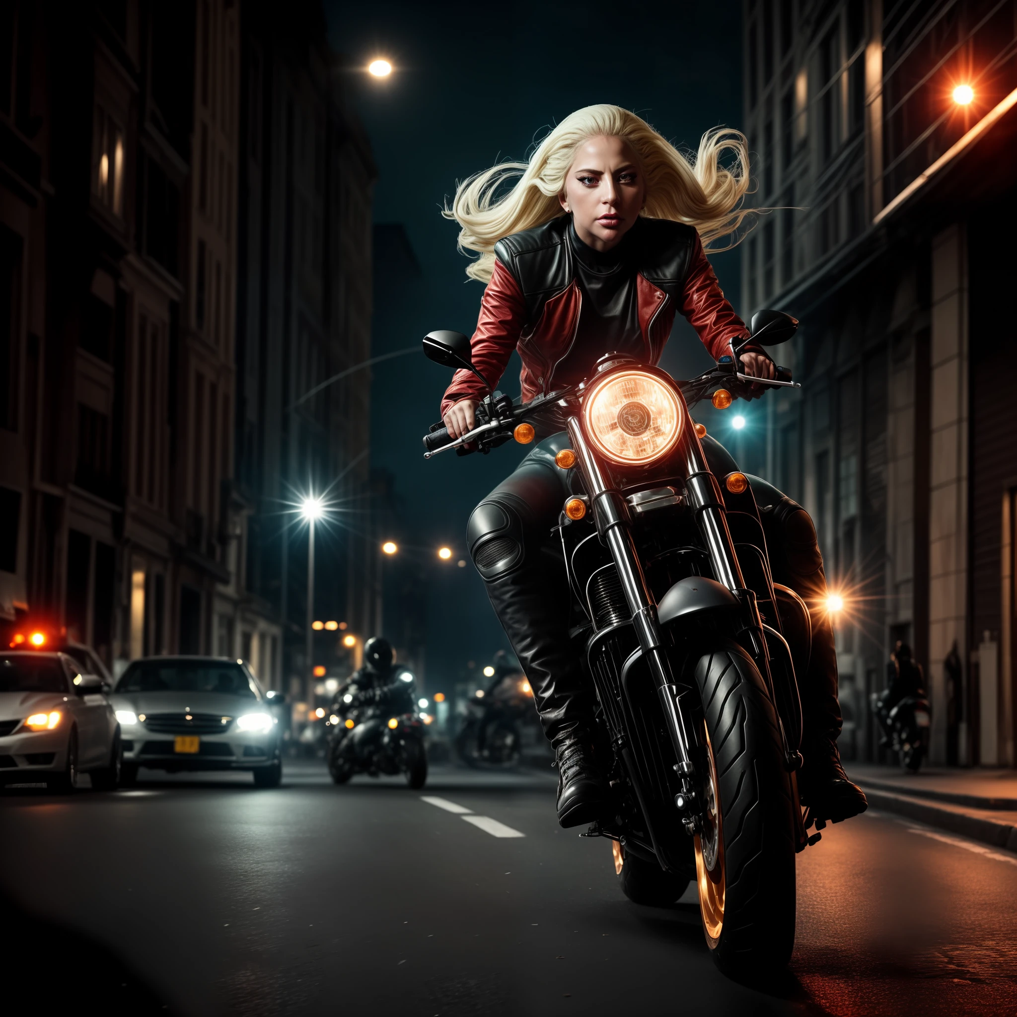 closeup LADY GAGA riding a motorcycle in a high-speed chase, cyber punk, colored lights on the motorcycle, blonde short bob, green eyes, long limbs, wearing tight red and black clothes, virtual motion blur effect, fast motorcycle driving down a city street at night, dramatic, dark and tense action scene,  suspense, inspired by ALBUM BORN THIS WAY, photo-realistic, dramatic lighting, cinematic, Film grain, 4K resolution, Masterpiece, High resolution