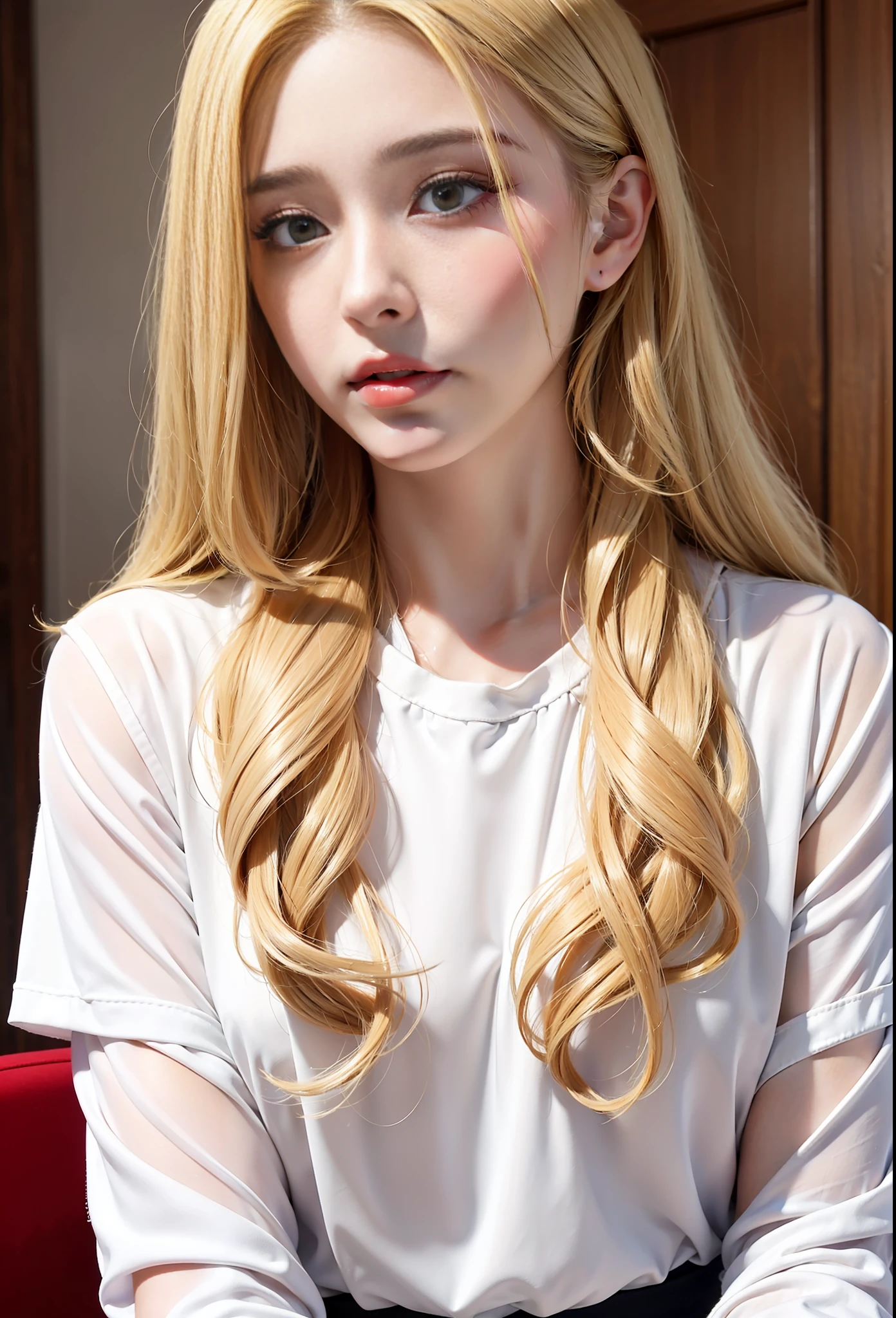 blonde hair, long hair, curly hair, white shirt
