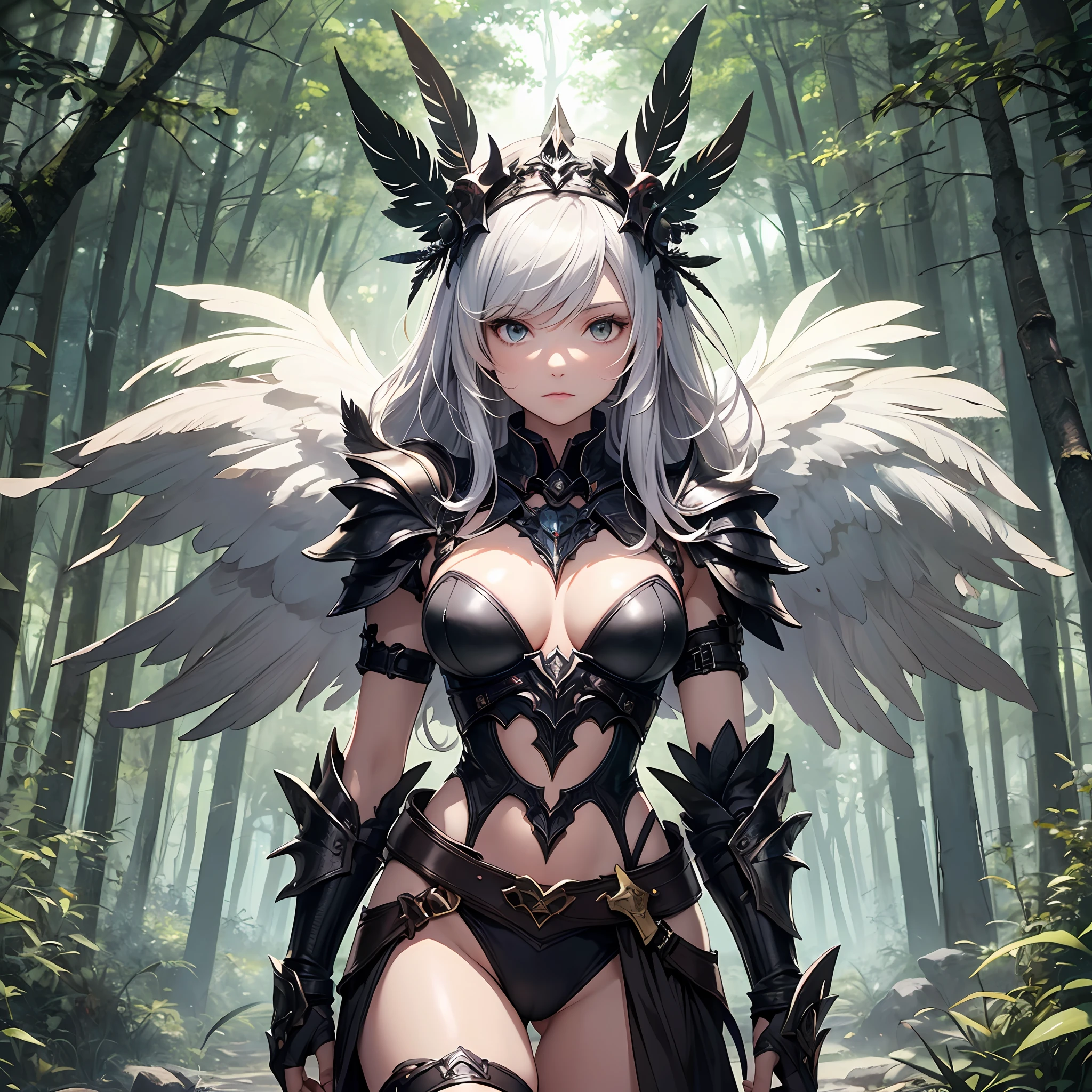 Masterpiece, Top Quality, Super Detailed Illustration, Solo, Girl Alone, (Armor: 1.8), (Bikini), (Crow feather ornament on head), Staggering Hair, Long Hair, (Above Knee Boots: 1.2), (Colbus Motif: 1.8), (Thigh Armor: 1.2), Silver Hair, (Hanging Eyes: 1.2), Cowboy Shot, (In the Deep Woods: 1.2), (Black Armor: 1.5), Gorgeous, Animation, ( eerie deep forest), (left and right crow feathers on the back: 1.2), (pigeon toes), (arms crossed), (crow feather armor), watercolor, --auto