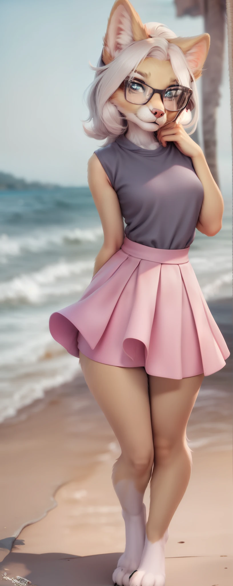 Anthro furry, fursona, dark brown and white hair, wearing pink and white skirt, pose, bright background, beach in the background, 1solo, wearing square glasses, walking, fur, fur body, full body covered in fur, fluffy paws, fluffy body, small size, small body, cute fursona, cute body, fluffy