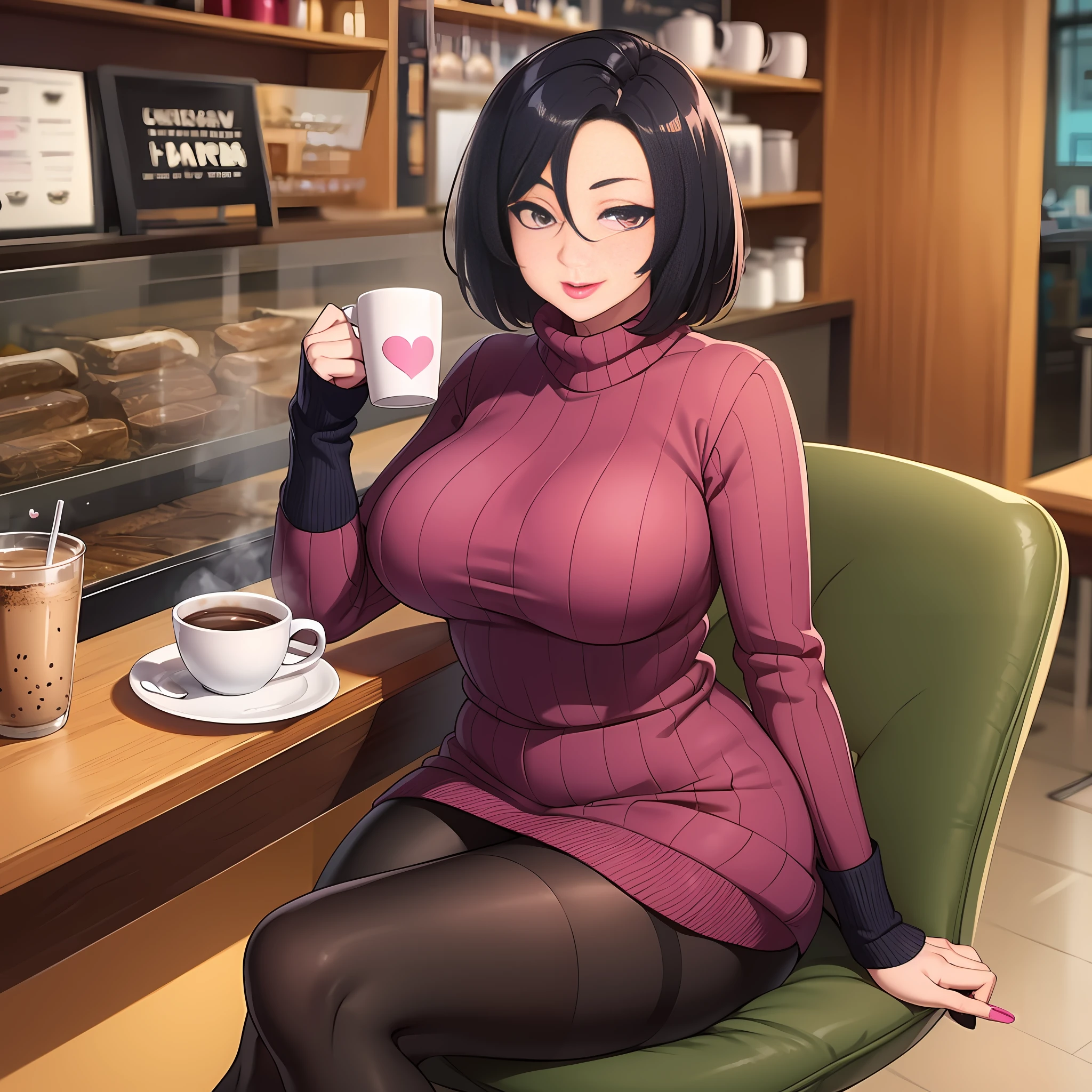 Milf, pink lipstick, short black hair, sweater, skirt, tights, winking, looking at viewer, flirting, hourglass figure, coffee shop, sitting opposite of viewer, love hearts