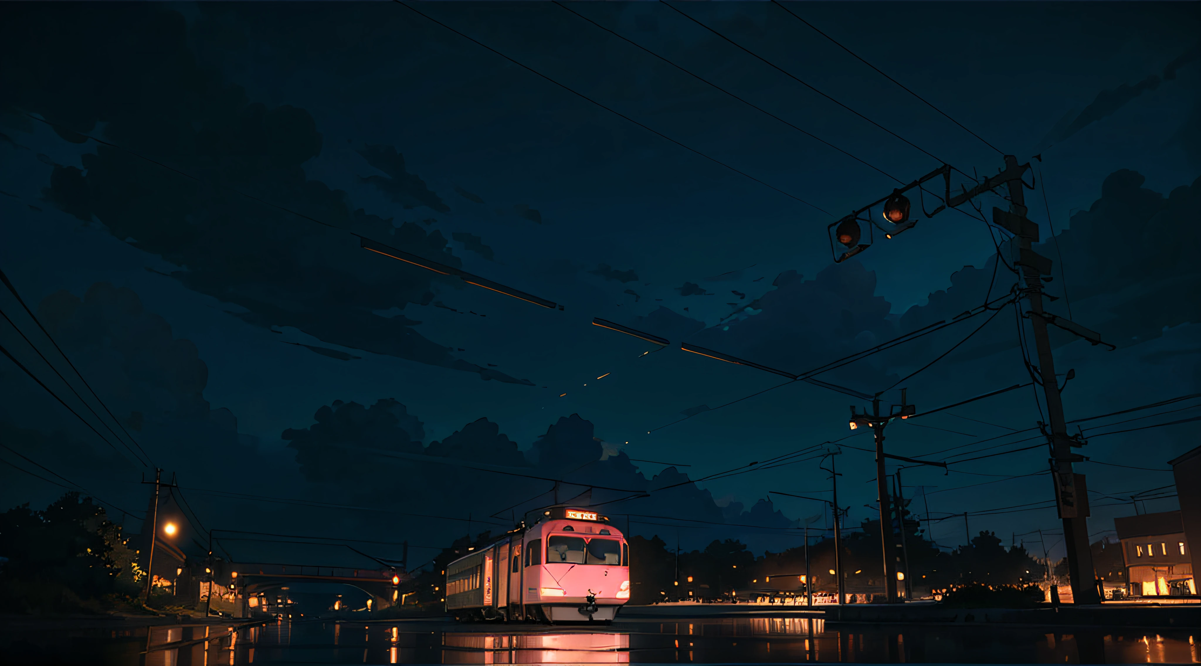 Masterpiece, anime train on tracks through a body of water, pink train. Romantic Train, Makoto Shinkai's picture, pixiv, concept art, lofi art style, reflection. by makoto shinkai, lofi art, beautiful anime scenes, anime scenery, detailed scenery—width 672, in style of makoto shinkai, style of makoto shinkai, details enhanced. --auto