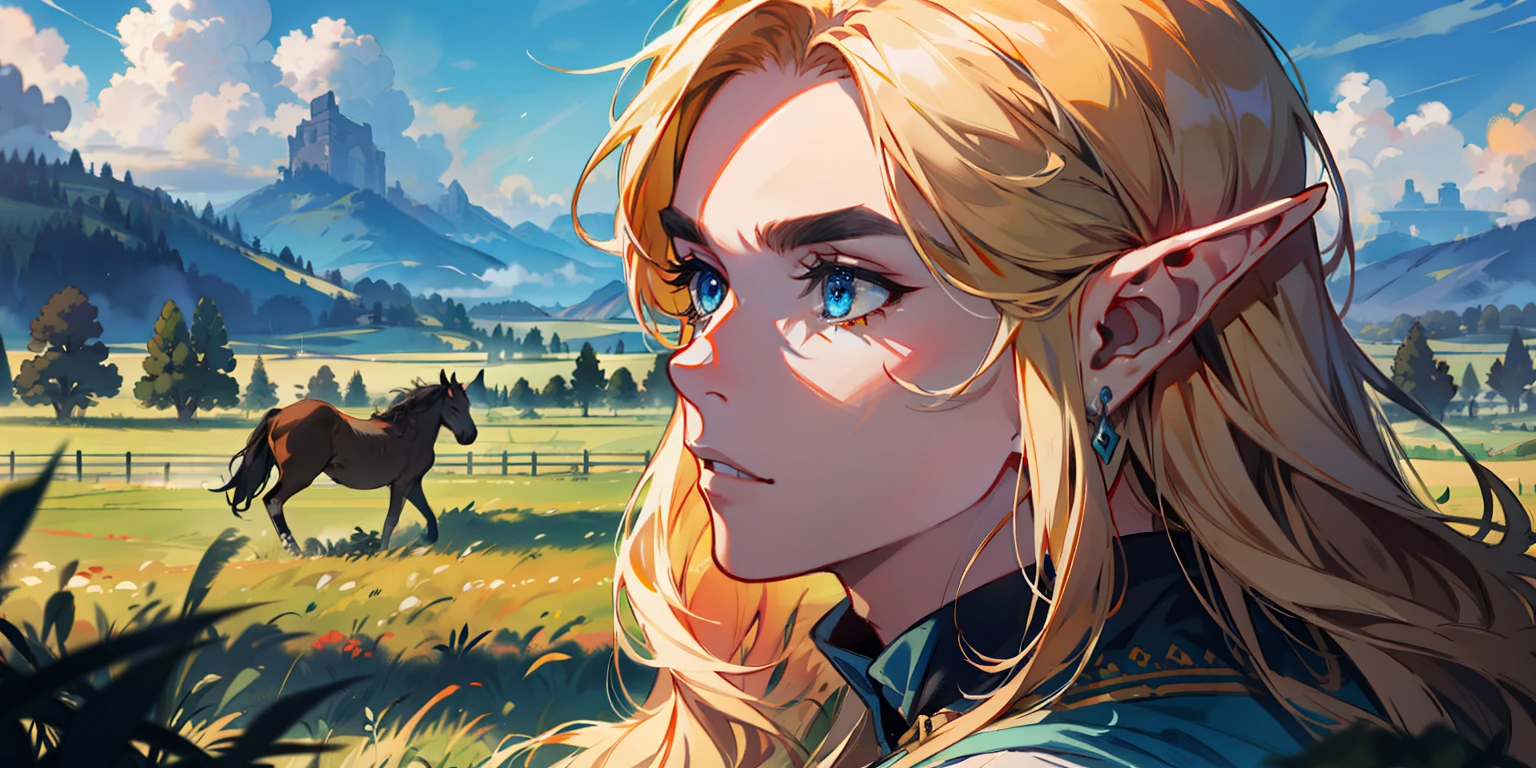 (absurdres, highres, ultra detailed, realistic), (1 male, solo, adult, Link, elf, tall blond guy, broad shoulders, handsome), pretty blond hair, blue eyes, (angular jaw, thick neck, thick eyebrows), BREAK, forest, fantasy, breath of the wild, botw, extremely detailed face, gorgeous face, beautiful detailed eyes, clear eyes, beautiful hair. Hyrule kingdom, rolling hills, amazing background, beautiful fields, wild horses, running horses, hawks, deers, wild life, wide open fields, dancing grass, blue skies, lovely skies, big clouds, masterpiece, perfections, golden ratio, perfect design, rule of thirds,