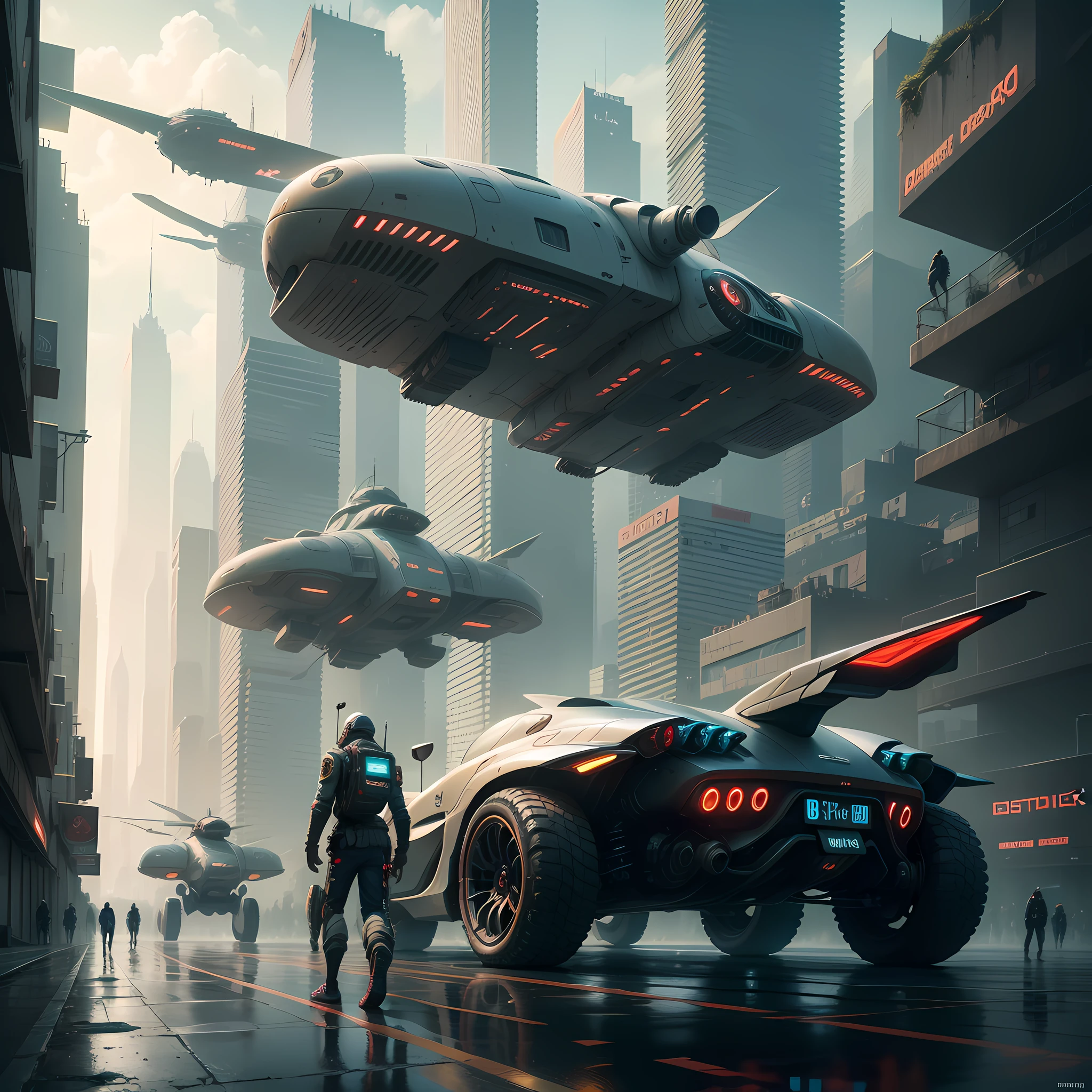 futuristic city, cyberpunk, flying cars, robots walking in the background