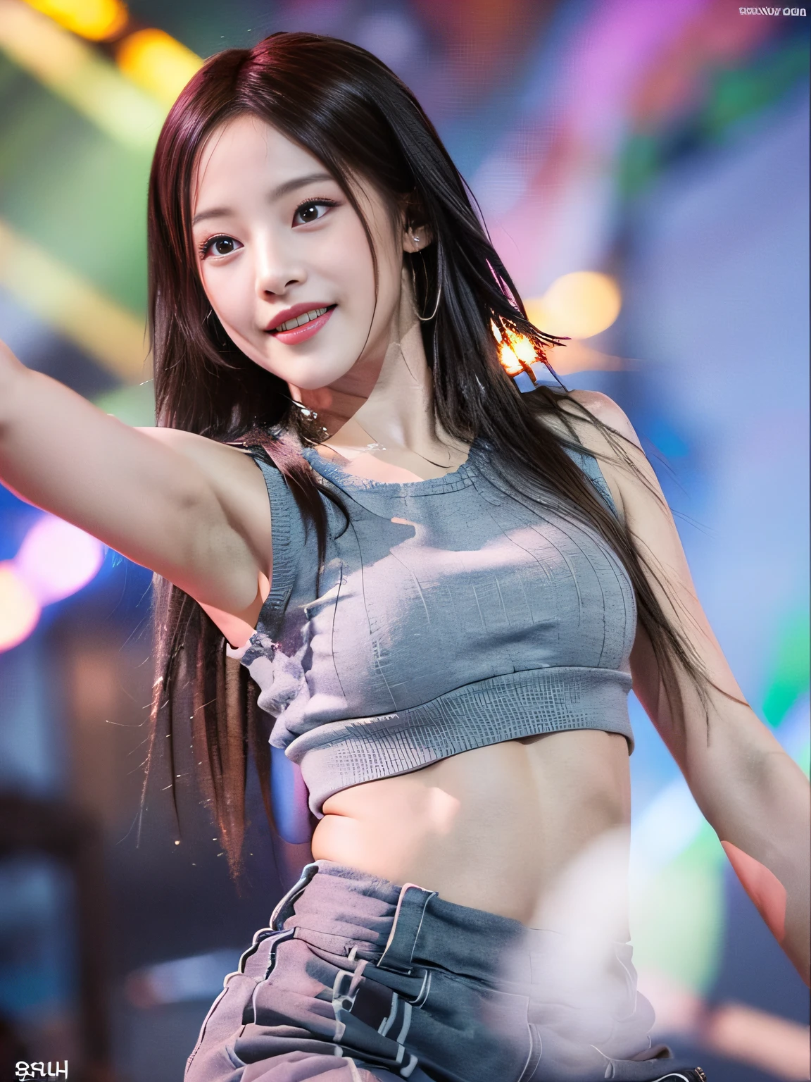 Photorealistic model (best quality, 8K, 32K, masterpiece, UHD: 1.2), 1 girl, solo, (19 years old), blue crop top, gray sweatpants, elastic waist pants, blue crop top, dancing on stage, dynamism, hands down, looking at camera, fun, happiness, spotlight, lighting