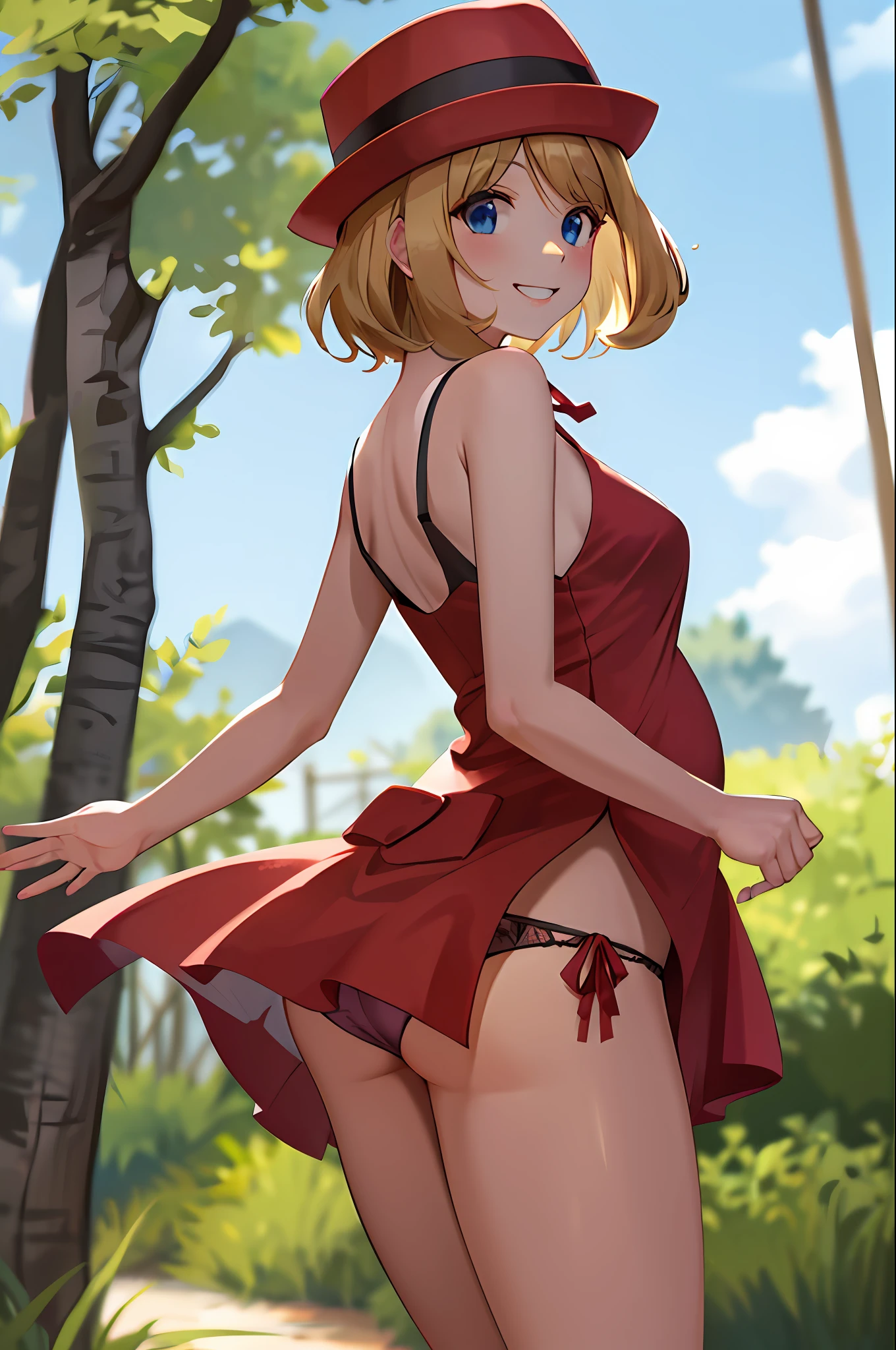 masterpiece, best quality, highres, serene \(pokemon\), short hair, blue eyes, 1girl, solo, blue ribbon, eyelashes, black thighs, neck ribbon, sleeveless, bangs, collarbone, bare arms, pink dress, red coat, pink hat, outdoor, looking at the viewer, sideways, character in profile, looking over the shoulder, smile, skirt raised, showing underwear, panties, tight panties, Red panties, hands on back, pregnant.