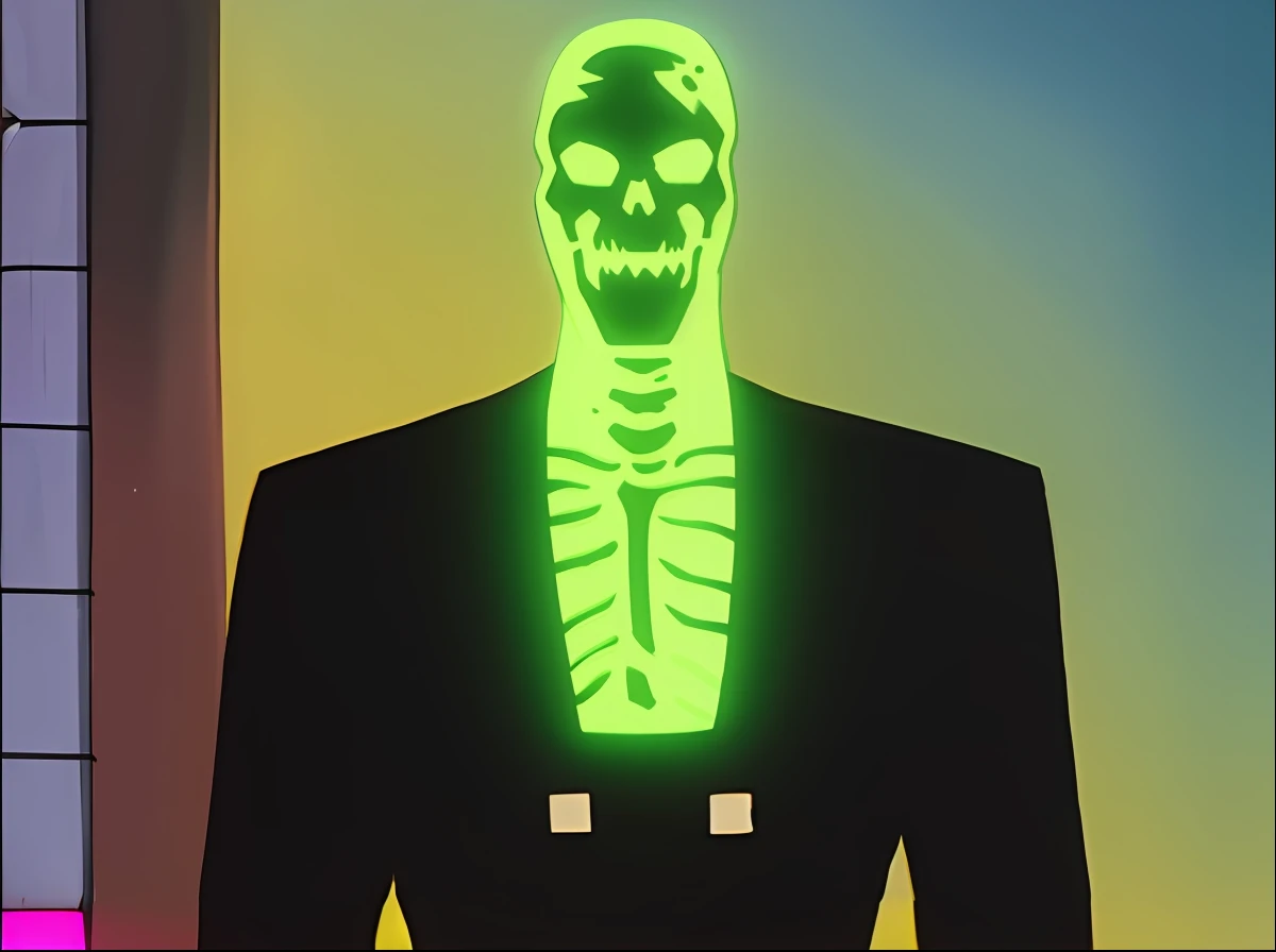 there is a neon green skeleton in a suit and tie, skeleton in a suit, cyber skeleton, ( ( ( skeleton ) ) ), glowing bones, portrait of a cyber skeleton, ghost neon, glowing red skull, human glowing, evil glow, with glow on some of its parts, cyberpunk skeleton, dark suit, terror glows, glowing head, neon edges on bottom of body