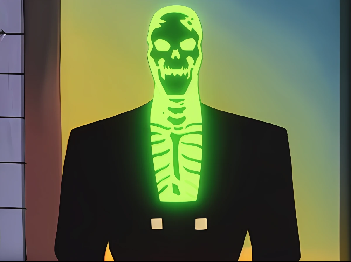 there is a neon green skeleton in a suit and tie, skeleton in a suit, cyber skeleton, ( ( ( skeleton ) ) ), glowing bones, portrait of a cyber skeleton, ghost neon, glowing red skull, human glowing, evil glow, with glow on some of its parts, cyberpunk skeleton, dark suit, terror glows, glowing head, neon edges on bottom of body