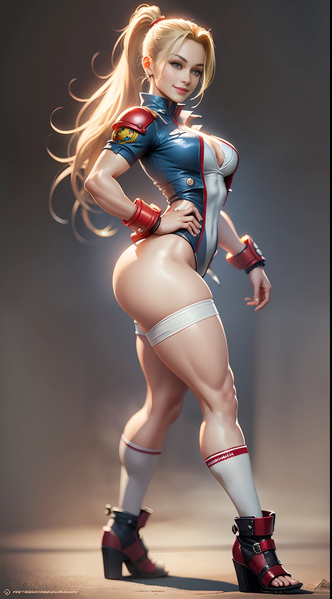 masterpiece, ultra high quality, ultra high definition, 8K, totally realistic, Cammy (Street Fighter), identical to the game, faithful to the anime, same as the game, very similar to the game, original costumes, original clothes, extremely beautiful, alone, full body, highly detailed face, fully detailed eyes, perfect eyes, perfect features, very beautiful body, perfect body, pel natural texture, cheerful smile,  Doing pose, sexy, full sharpness, (photo realistic) side view, big ass