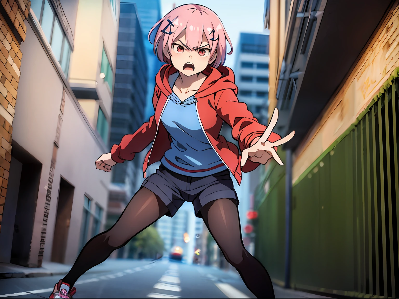 masterpiece, rem rezero, pink hair, red eyes, detailed eyes, angry face, red jacket hoodie, blue shirt, dark shorts, pantyhose, casual oufit, middle of the street, legs apart, action pose, prepared for a fight,