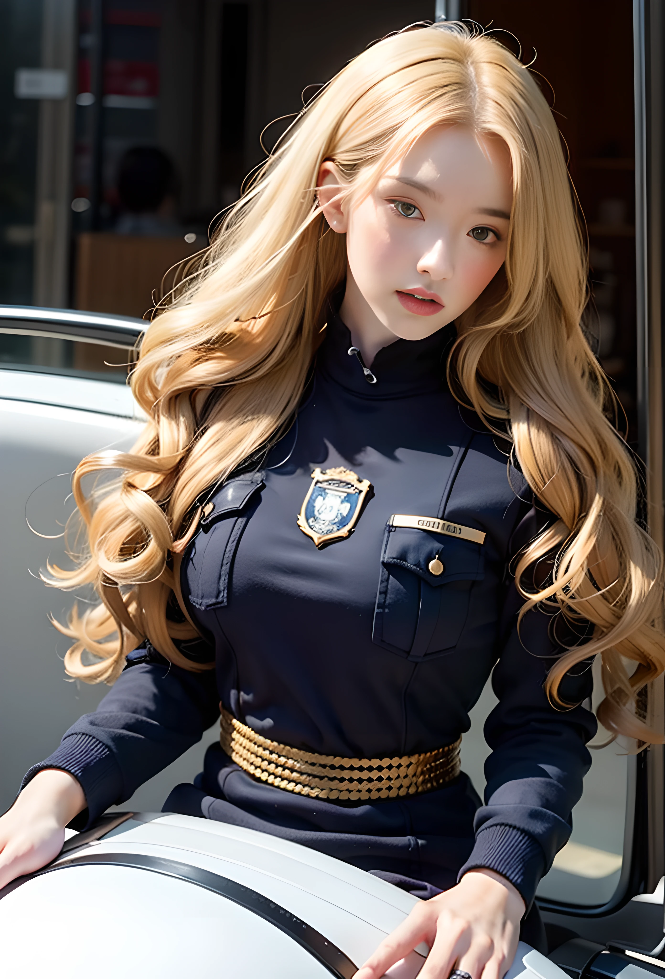 blonde, long hair, curly hair, police