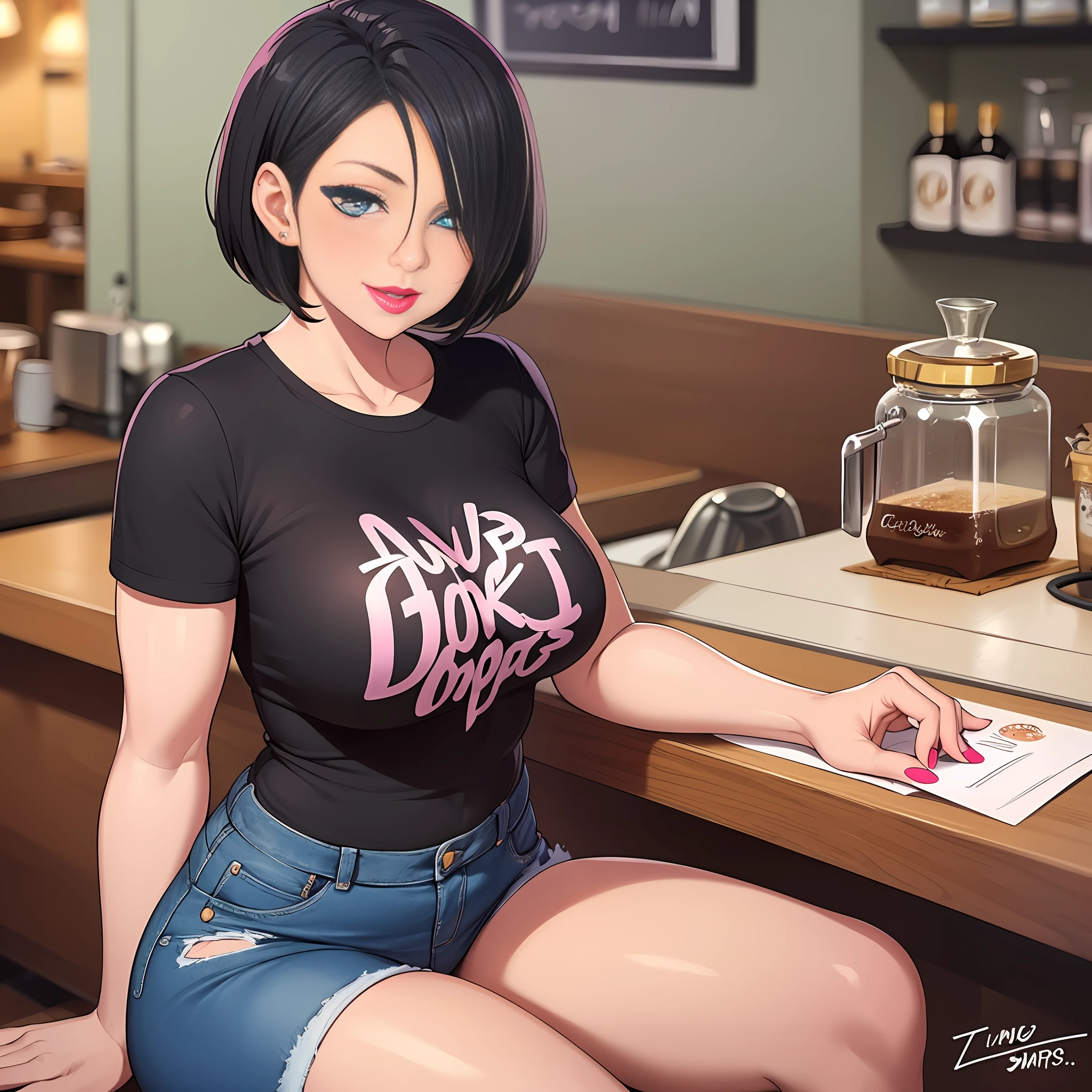 Milf, pink lipstick, short black hair, t-shirt, jeans, winking, looking at viewer, flirting, hourglass figure, coffee shop, sitting opposite of viewer, love hearts