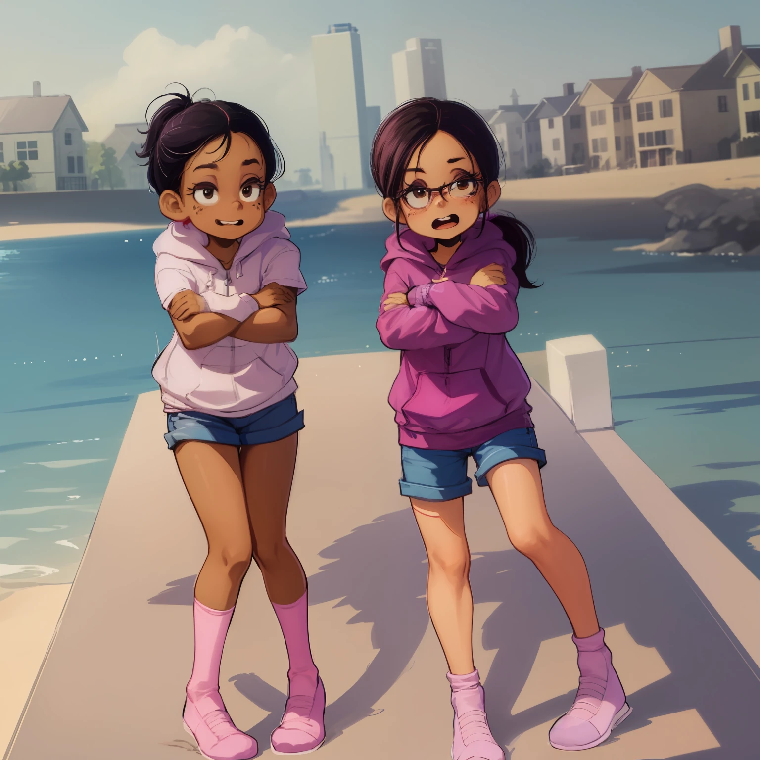 Ronnie Anne, hoodie, shorts, black eyes, ponytail, tanned skin, full body, curvy arms, defined legs, beautiful, pose, in the beach, long socks, curvilinear legs. one leg raised the other on the floor, stretching out a leg, two girls stretching and crossing legs between them