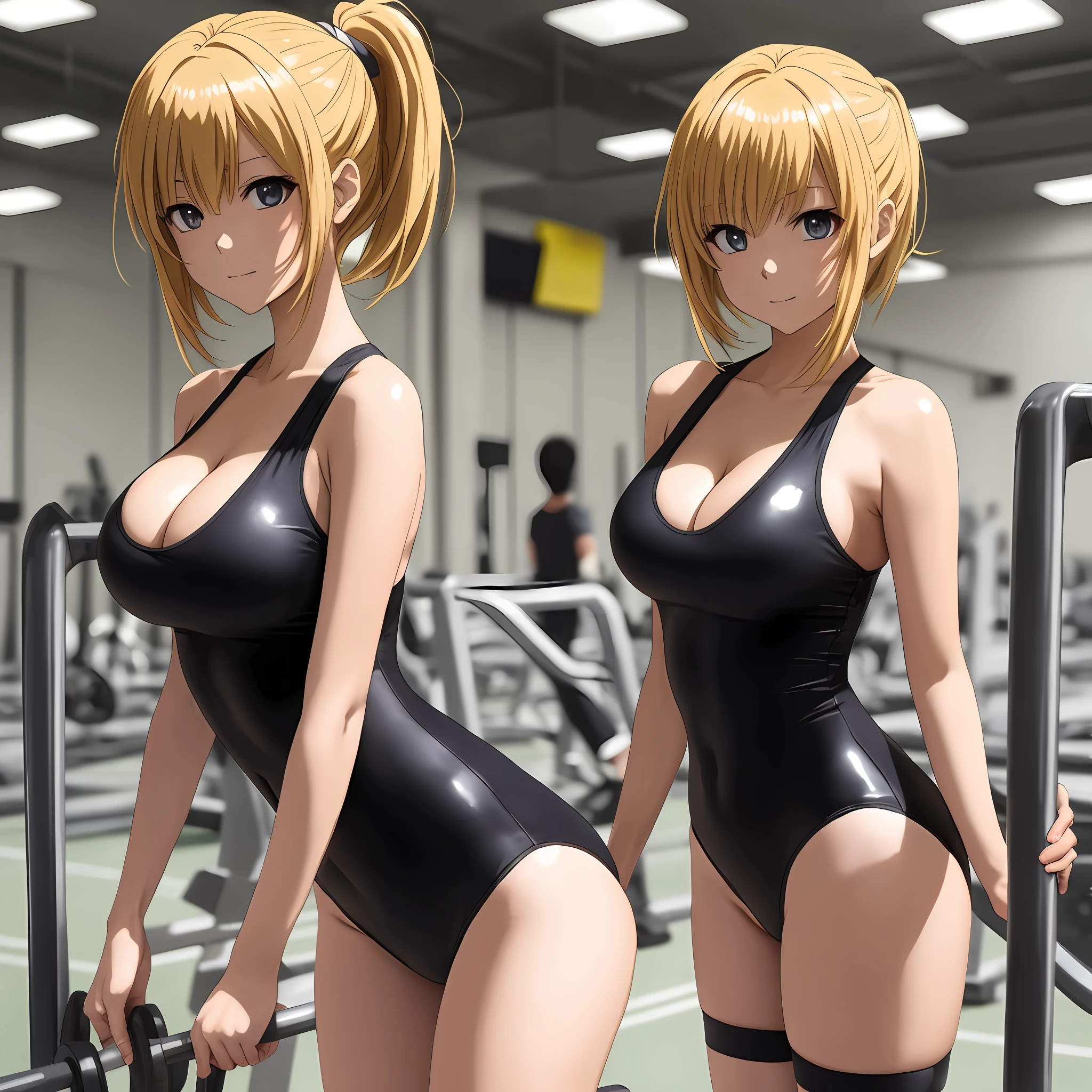 anime girl wearing leotards in gymnasium, beautiful anime girls, ecchi anime style, latex leotards, gymnasium, gymnasium, anime girls, leotards, lighted gymnasium, gymnasium, wearing leotards, high quality anime art style, high resolution committee, digital anime art!, Clothing: leotard, big, with big breasts, short hair, Blonde, yellow costume, 2D anime style, solo, --auto