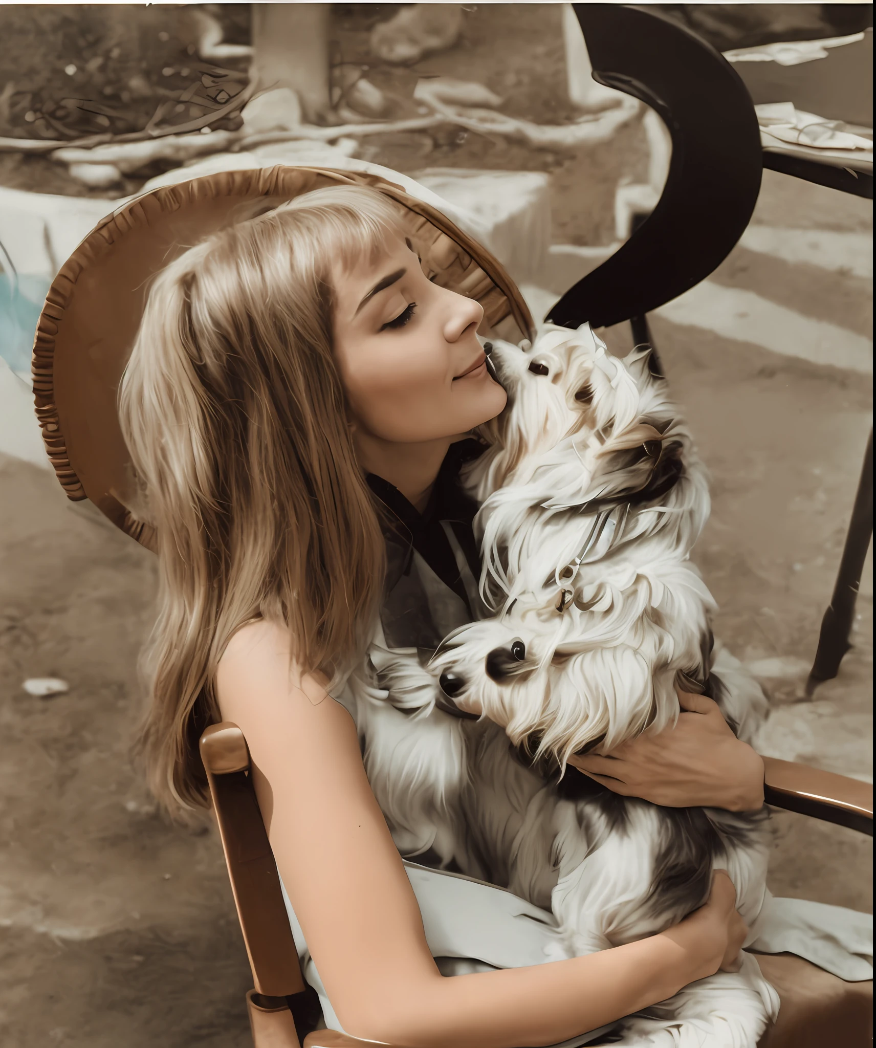 Alfard woman sitting in chair with dog on her lap, young Audrey Hepburn, delicate facial features, young, long hair over the shoulder, long brown silky hair with her hands around her Yorkshire Terrier, kissing the puppy.