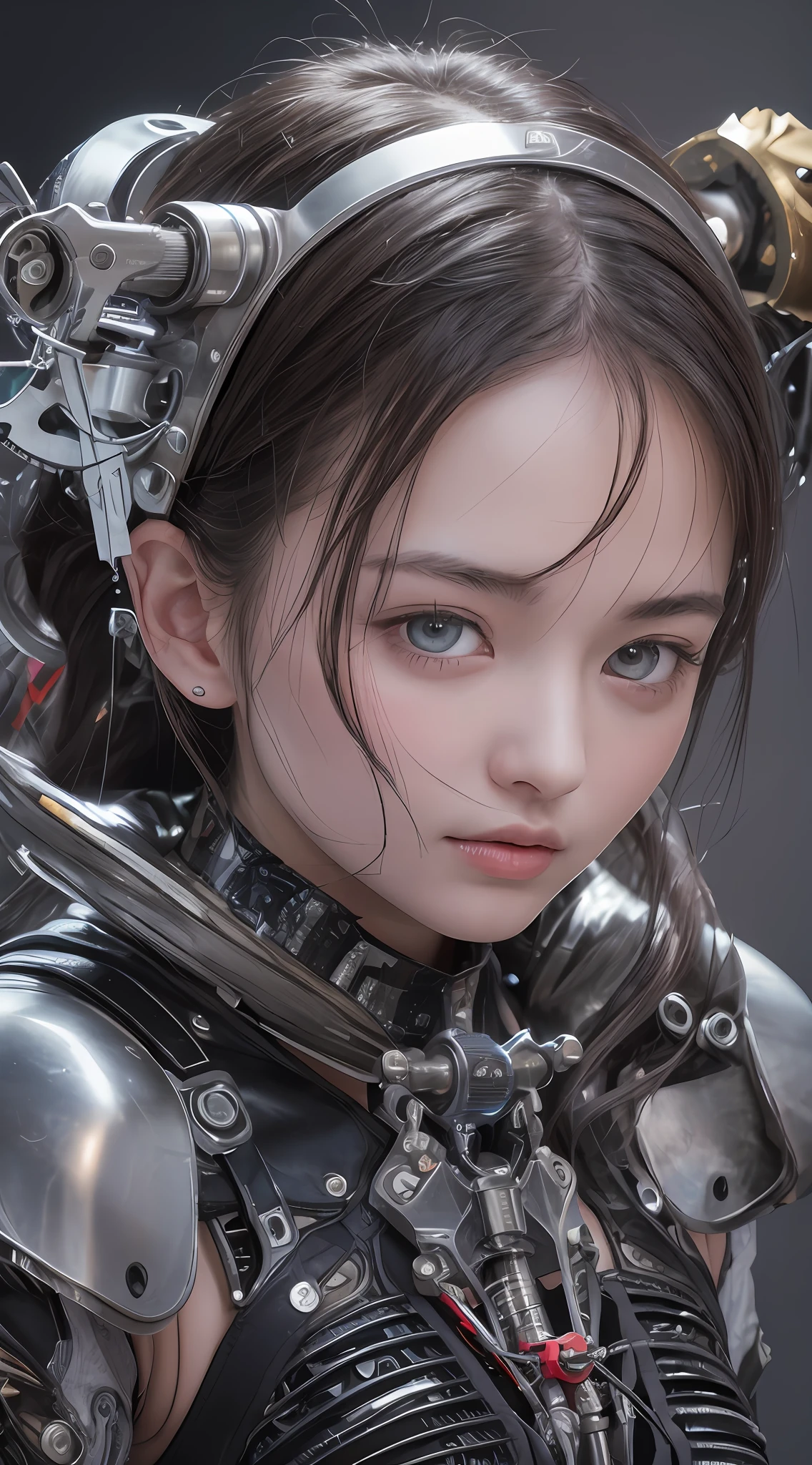 (Masterpiece, Best Quality, Beautiful Girl, Pretty Face:1.2), Solo, (Close-up Face:1.2), Gardenia, 8K, Official Art, Raw Photography, Incredible Absurdity, Crop Top, Show Viewer, Slender, , Face Light, Film Grain, Chromatic Aberration, Sharp Focus, Dynamic Lighting, Movie Lighting, Best Quality, Masterpiece, Ultra High Definition, ( Photorealistic: 1.4), Raw Photo, 1 Girl, Black Hair, Glossy Skin, 1 Mechanical Girl, ((Ultra Realistic Details)), Portrait, Global Illumination, Shadows, Octane Rendering, 8K, Ultra Sharp, Glossy Skin, Realistic Skin, Big, Cleavage Exposed Raw Skin, Metal, Intricate Ornament Details, Giger Details, Very intricate details, realistic light, CGSoation trend, purple eyes, glowing eyes, facing the camera, neon details, mechanical limbs, blood vessels connected to tubes, mechanical vertebrae attached to the back, mechanical cervical attachment to the neck, sitting, wires and cables connecting to the head, analog meters, pressure gauges, vacuum tubes, gears, small LED lamps, The background is a server room of the future,