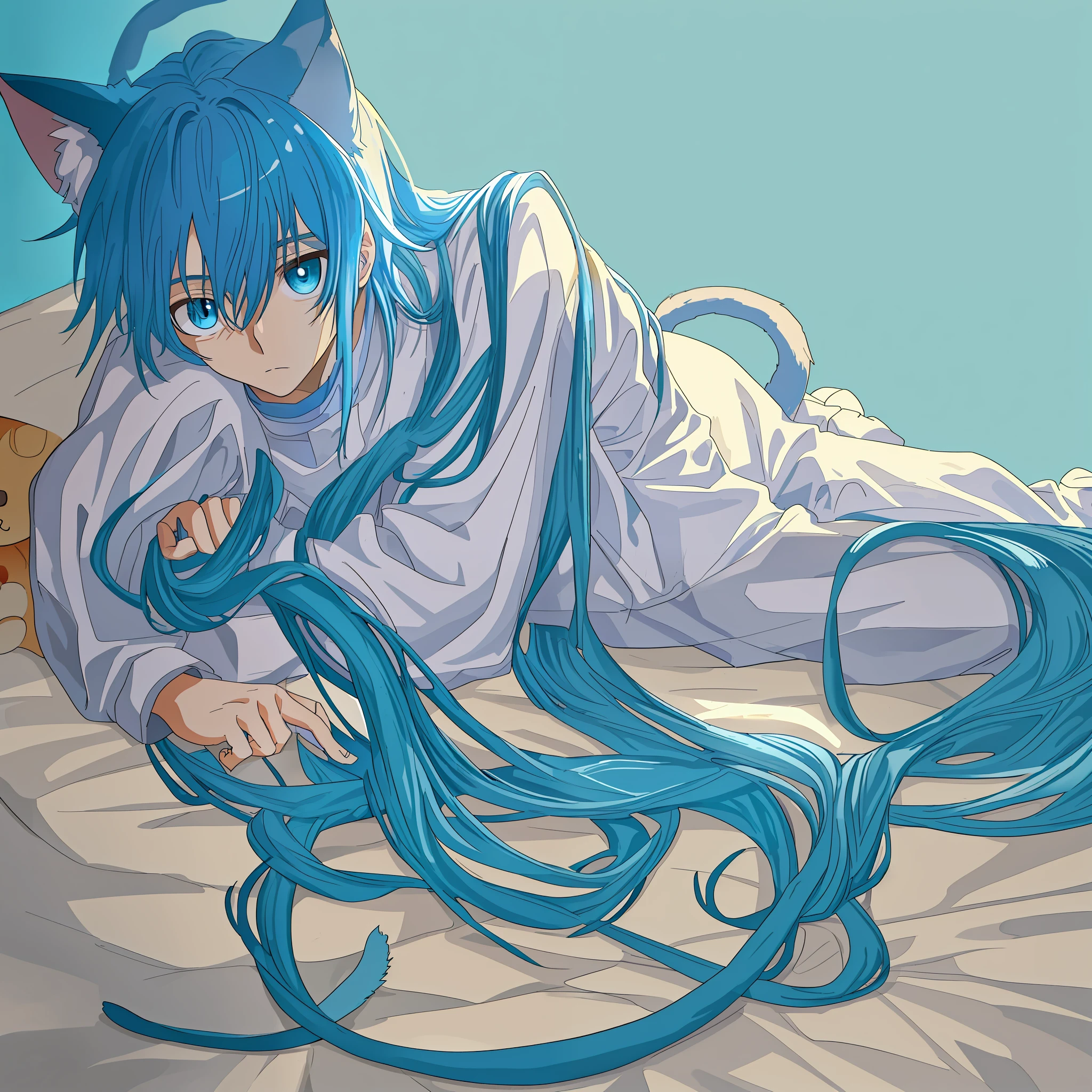 High detail, natural light, light blue background, man standing 3/4, anime style, long blue hair, two cat ears, one cat tail, very cute, cat man in wide white clothes, plush bed, cat stretching pose, single, lying on his stomach, looking at me