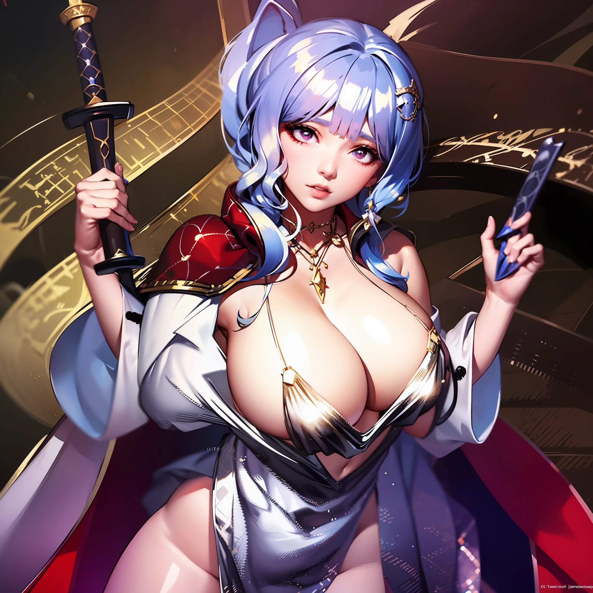 Huge busty boobs, bunny girl in silver dress and red cape, holding a sword, IU Lee Ji-eun as supervillain, charming cosplay, elegant and charming cosplay, anime girl cosplay, inspired by Hajime Sorayama, albedo from Overlord, Range Murata and Artgerm, shot on Canon EOS R 6, cosplay photo, cosplay, full of big breasts