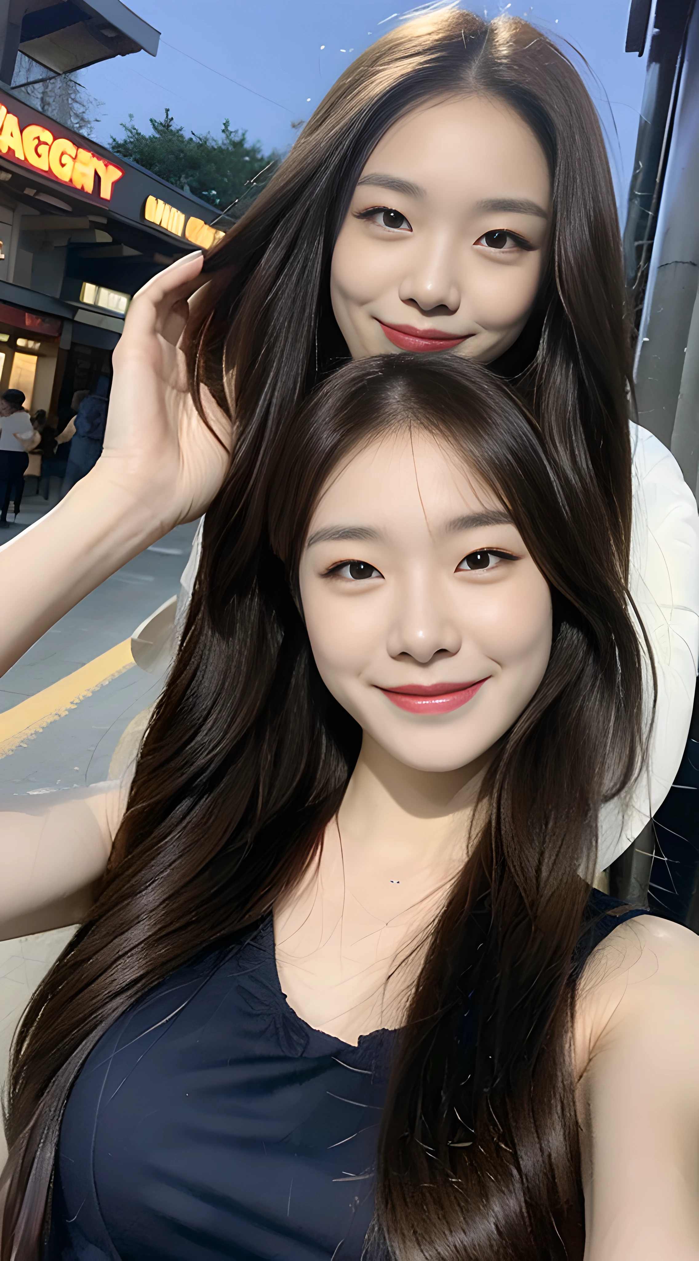 (1 cute Korean star), ((best quality, 8k, masterpiece: 1.3)), focus: 1.2, perfect body beauty: 1.4, ((air bangs: 1.2)), (night, street:1.3), highly detailed face and skin texture, fine eyes, double eyelids, whitening skin, (long hair: 1.3), (round face: 1.5), smile at Shanghai Disneyland