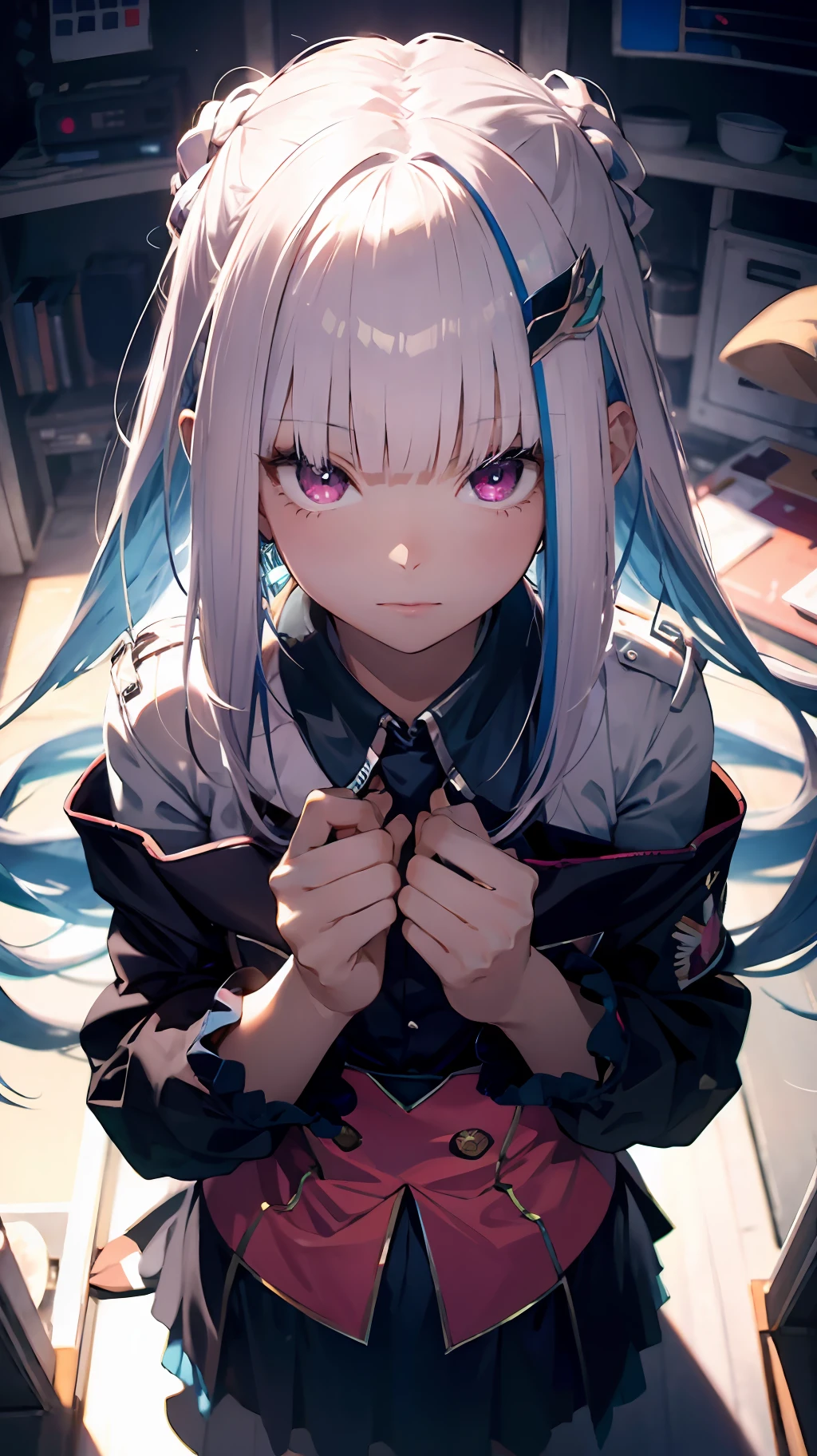 Absurd resolution, high resolution, (masterpiece: 1.4), super detailed, girl alone, from above, space, floating, long hair, pink eyes