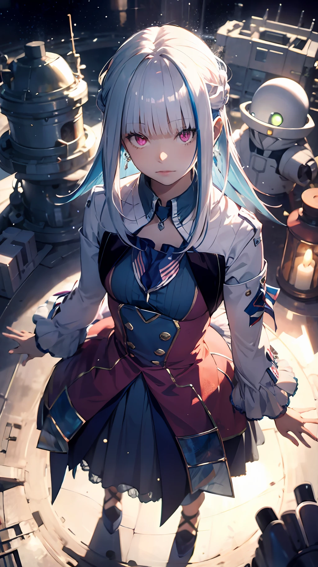 Absurd resolution, high resolution, (masterpiece: 1.4), super detailed, girl alone, from above, space, floating, long hair, pink eyes