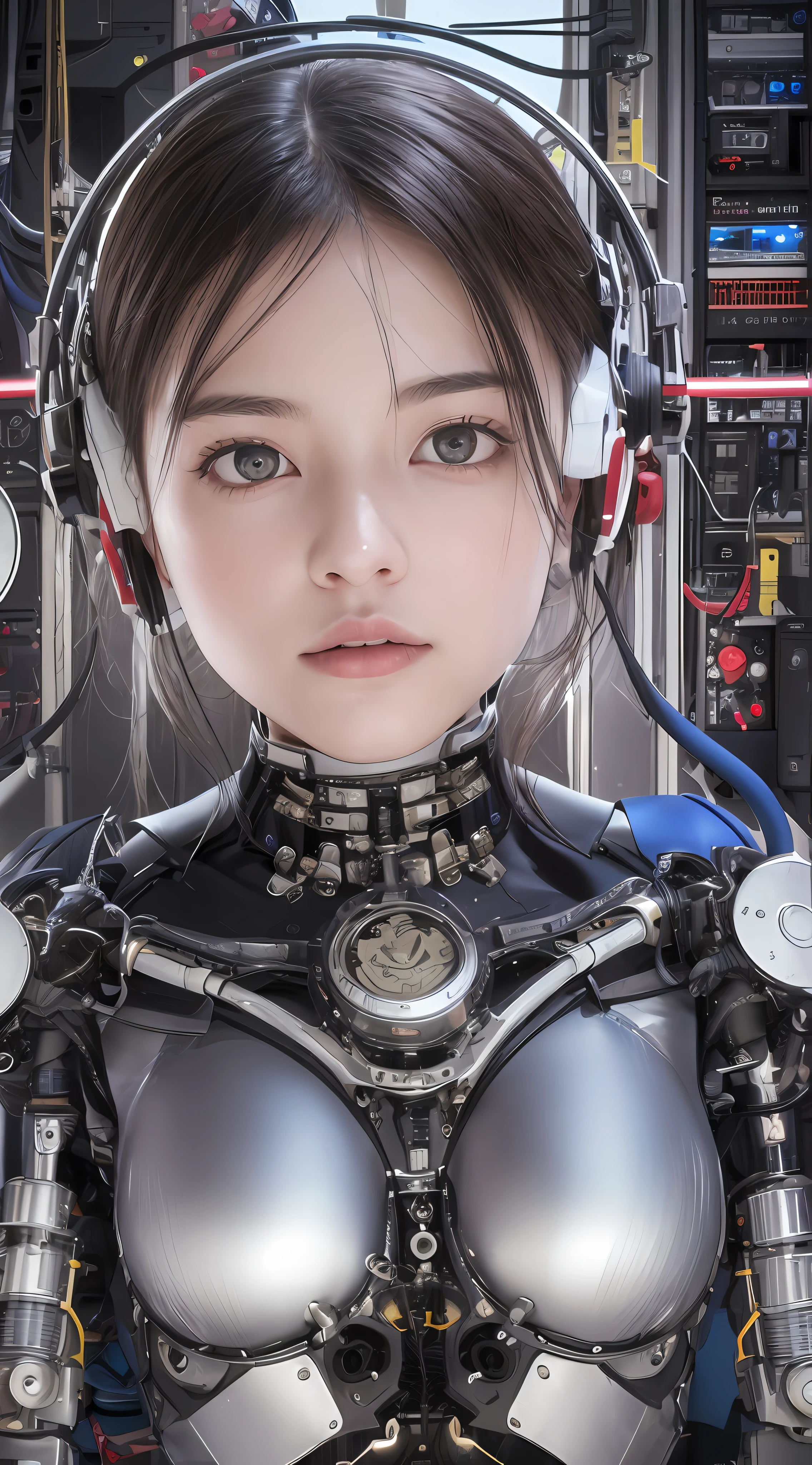 (Masterpiece, Best Quality, Beautiful Girl, Pretty Face:1.2), Solo, (Close-up Face:1.2), Gardenia, 8K, Official Art, Raw Photography, Incredible Absurdity, Crop Top, Show Viewer, Slender, , Face Light, Film Grain, Chromatic Aberration, Sharp Focus, Dynamic Lighting, Movie Lighting, Best Quality, Masterpiece, Ultra High Definition, ( Photorealistic: 1.4), Raw Photo, 1 Girl, Black Hair, Glossy Skin, 1 Mechanical Girl, ((Ultra Realistic Details)), Portrait, Global Illumination, Shadows, Octane Rendering, 8K, Ultra Sharp, Glossy Skin, Realistic Skin, Big, Cleavage Exposed Raw Skin, Metal, Intricate Ornament Details, Giger Details, Very intricate details, realistic light, CGSoation trend, purple eyes, glowing eyes, facing the camera, neon details, mechanical limbs, blood vessels connected to tubes, mechanical vertebrae attached to the back, mechanical cervical attachment to the neck, sitting, wires and cables connecting to the head, analog meters, pressure gauges, vacuum tubes, gears, small LED lamps, The background is a server room of the future,