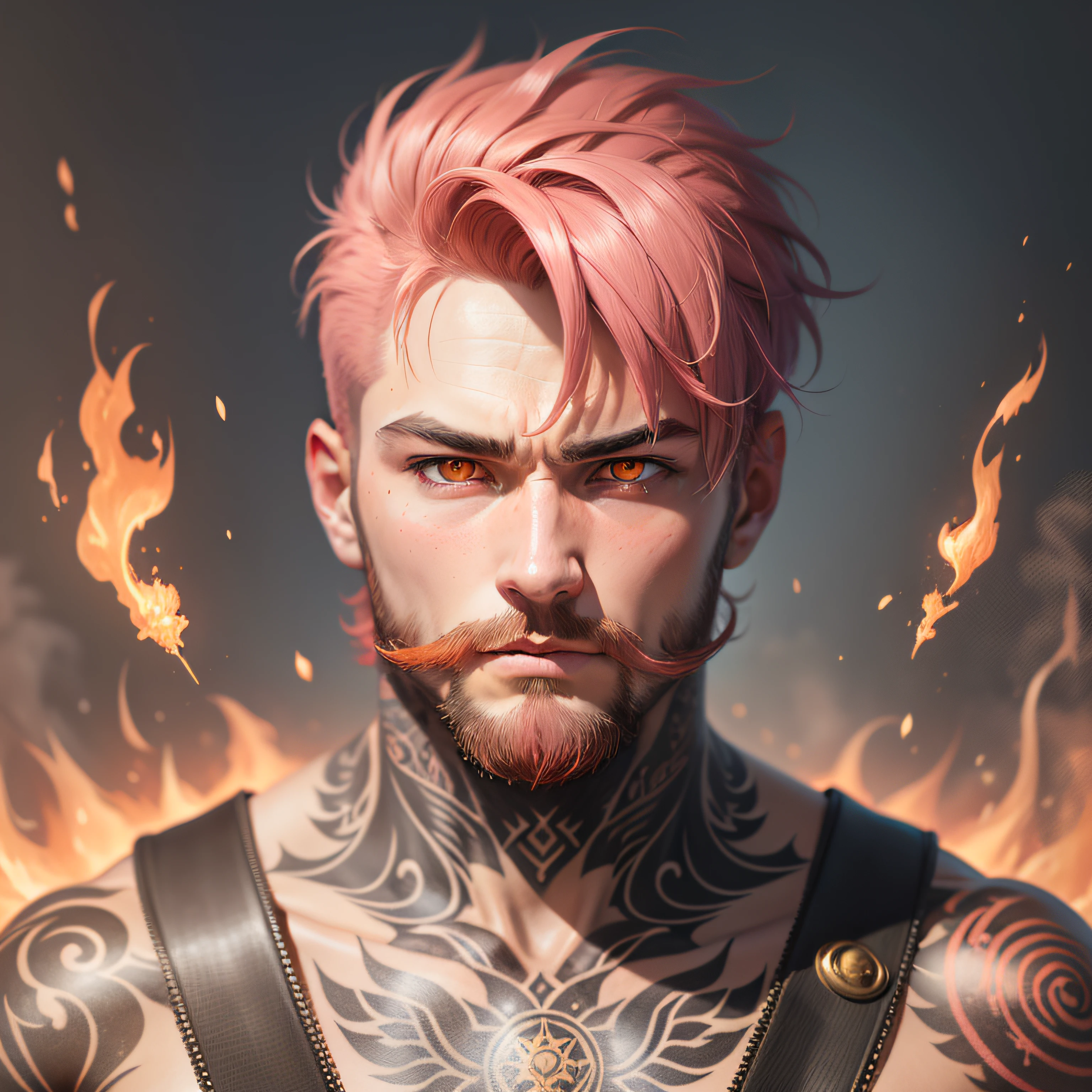 A man, short pink hair, short beard, has orange eyes, is in a burning salloon, has tattoos, has golden knives, realistic drawing style, focus on the face