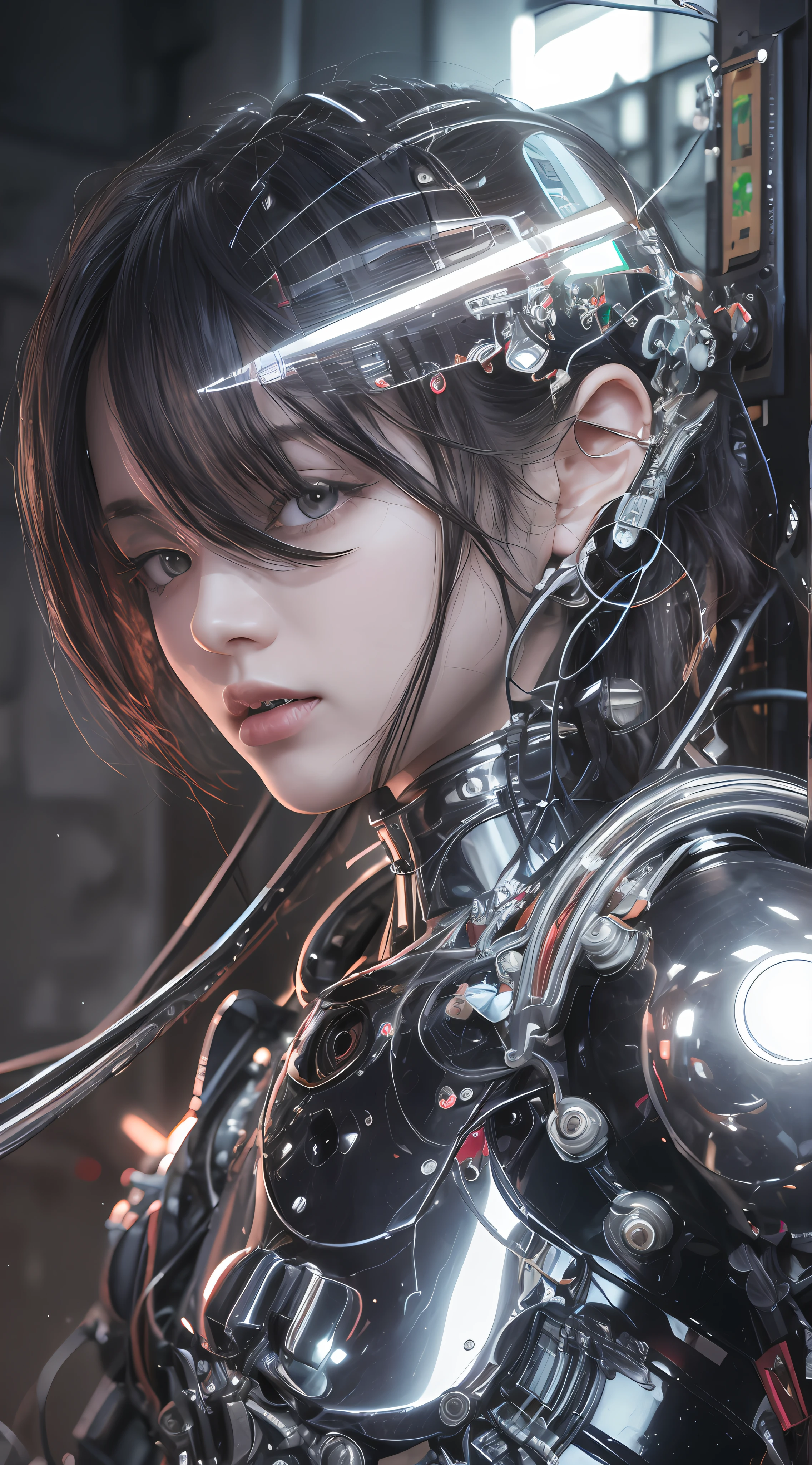 (Masterpiece, Best Quality, Beautiful Girl, Pretty Face:1.2), Solo, (Close-up Face:1.2), Gardenia, 8K, Official Art, Raw Photography, Incredible Absurdity, Crop Top, Show Viewer, Slender, , Face Light, Film Grain, Chromatic Aberration, Sharp Focus, Dynamic Lighting, Movie Lighting, Best Quality, Masterpiece, Ultra High Definition, ( Photorealistic: 1.4), Raw Photo, 1 Girl, Black Hair, Glossy Skin, 1 Mechanical Girl, ((Ultra Realistic Details)), Portrait, Global Illumination, Shadows, Octane Rendering, 8K, Ultra Sharp, Glossy Skin, Realistic Skin, Big, Cleavage Exposed Raw Skin, Metal, Intricate Ornament Details, Giger Details, Very intricate details, realistic light, CGSoation trend, purple eyes, glowing eyes, facing the camera, neon details, mechanical limbs, blood vessels connected to tubes, mechanical vertebrae attached to the back, mechanical cervical attachment to the neck, sitting, wires and cables connecting to the head, analog meters, pressure gauges, vacuum tubes, gears, small LED lamps, The background is a server room of the future,