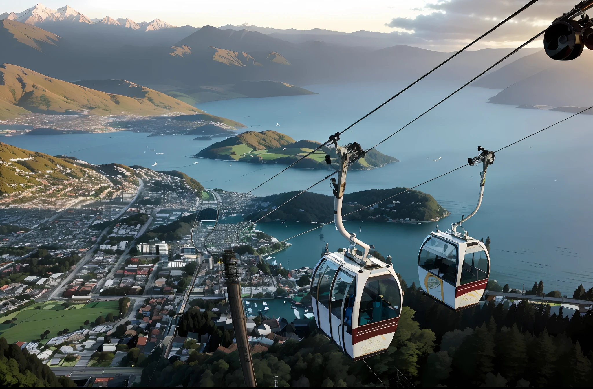 cable car with a view of a city and a lake, new zealand, gondola, beautiful views,  stunning view, inspiring birds eye vista view, animation background, trendy, beautiful high resolution, gondolas, amazing view, beautiful view, overhead shot, picturesque, masterpiece, painted background