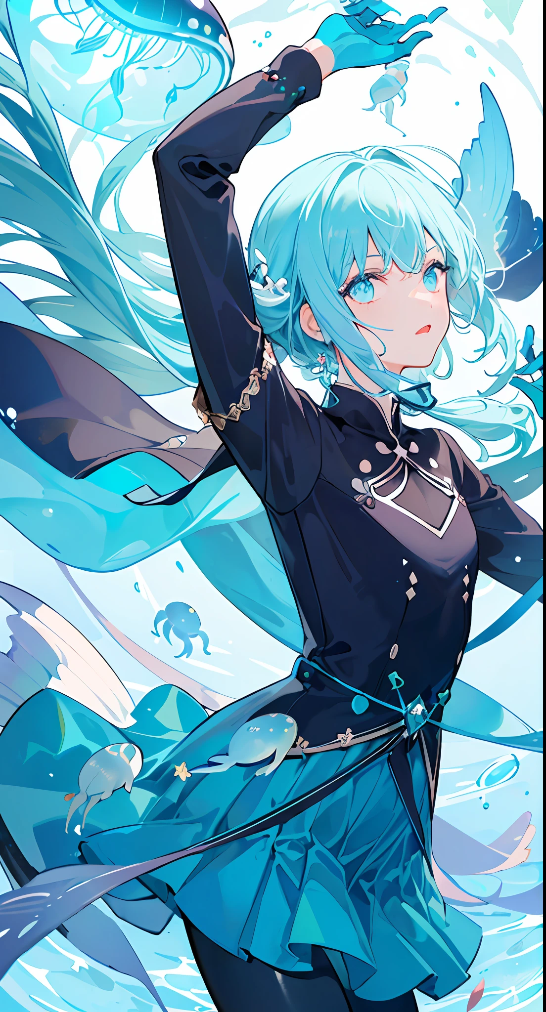 ((masterpiece,best quality)),(negative space:1.2),(1girl, solo:1.4),beautiful detailed eyes,floating hair, underwater, bubble, fish, (jellyfish), fluorescence,sea turtle, seaweed,
