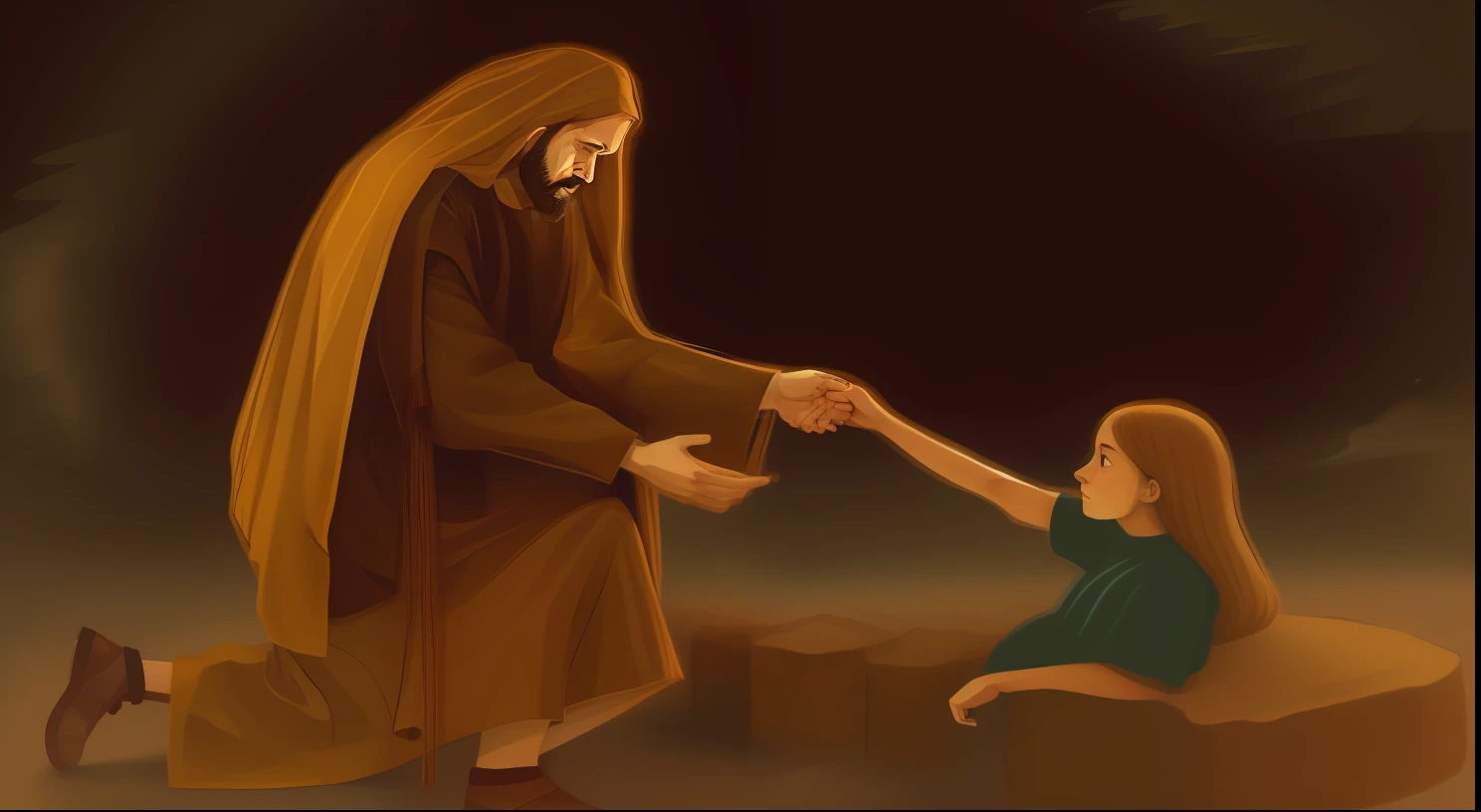 a painting of a woman kneeling down next to a man holding a hand, bible illustration, jesus hugging a woman, drawn with photoshop, dramatic illustration, ! holding in his hand !, my rendition, comforting and familiar, beautiful depiction, emotional picture, reaching, biblical image, by Bernard Meninsky, artistic depiction, compassionate, animation film still, interesting angle, comforting