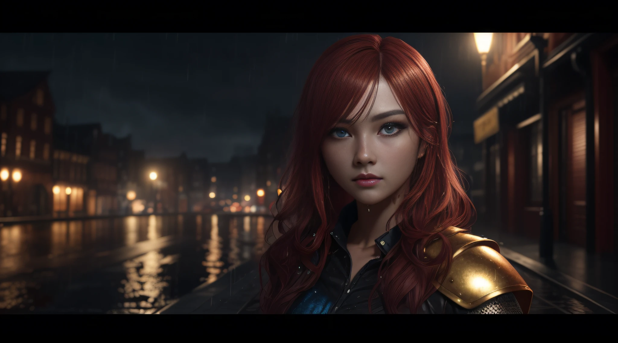(best quality:1.0), (ultra highres:1.0), (masterpiece:1.0), (heavy rain 1.0), (best quality:1.4), (ultra highres:1.2), (photorealistic: 1.4), 8k resolution, Canon EOS R5,s, (bright skin1.15), (8k, RAW photo, photorealistic: 1.25) (blue eyes), (long red hair), (realistic photo: 1.3), (high detailed skin: 1.2), (rainy night 1.2) (wet body), (wet clothing), wet skin), (wet skin), 8k uhd,  Dslr, Soft lighting, global lighting. ray tracing in the light (eyes full of life), Unreal Engine 5, 8k wallpaper of extremely detailed CG unit, (best HDR), ultra realistic pupil, realistic eyebrow, ulzzang-6500-v1.1, 3D, (best ray tracing in an image) portrait photography, beautiful young long hair and red woman, a golden medieval armor with ray tracing, soaked, eyes visible through the hair,  red inner hair, proper eye position, natural skin, backlight, cinematic light, rim light, soft light, hips, at night, city side background, graduated color detailed background, intricate, highly detailed, octane render, HD, 8k,