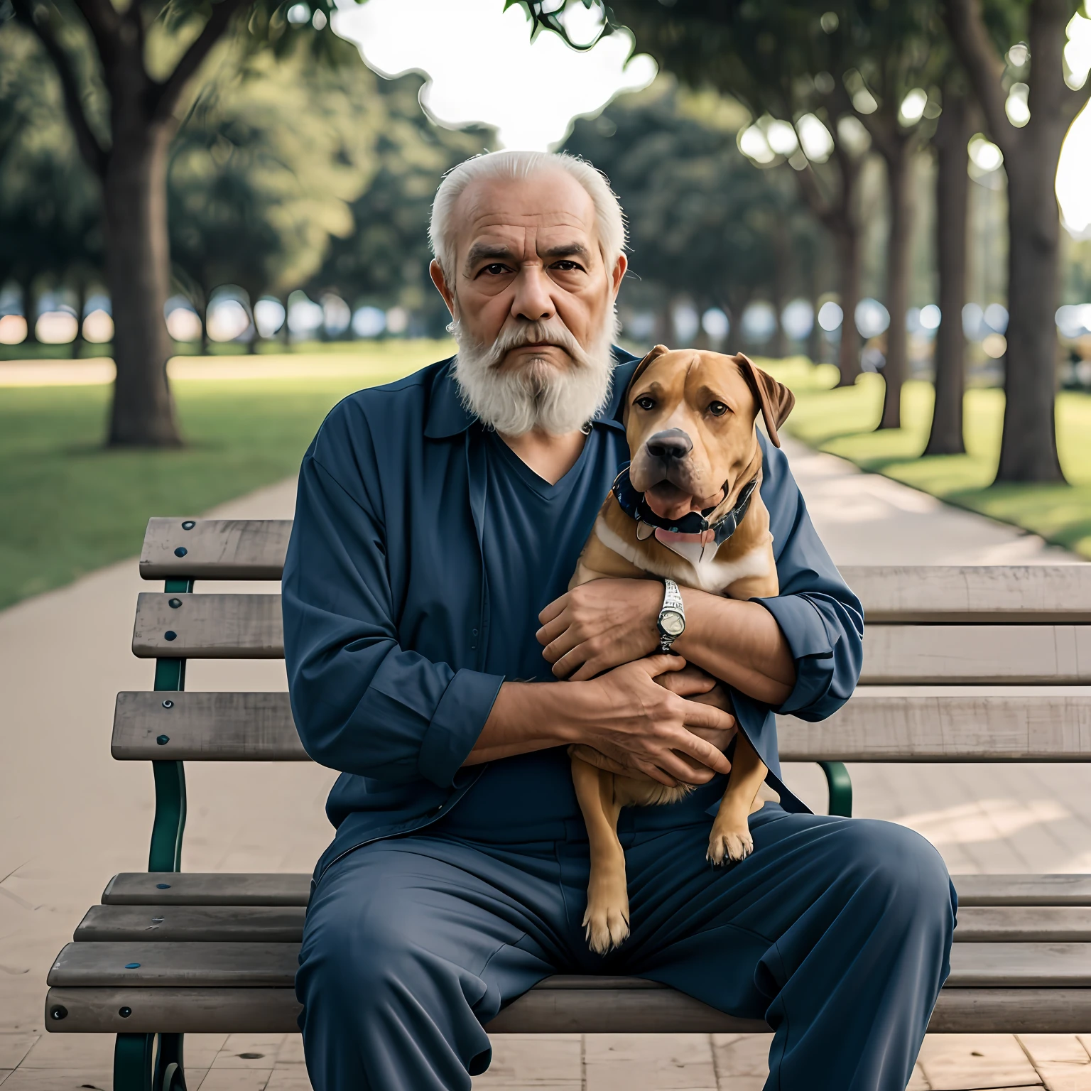 RAW photo, absurdres, high quality, photorealistic, portrait of a brazil man, beard, old man, detailed_skin,  pants, sitting, holding a pitbull, outdoors, park, bench, sunlight, 8k uhd, dslr, film grain, detailed, sharp focus, --auto