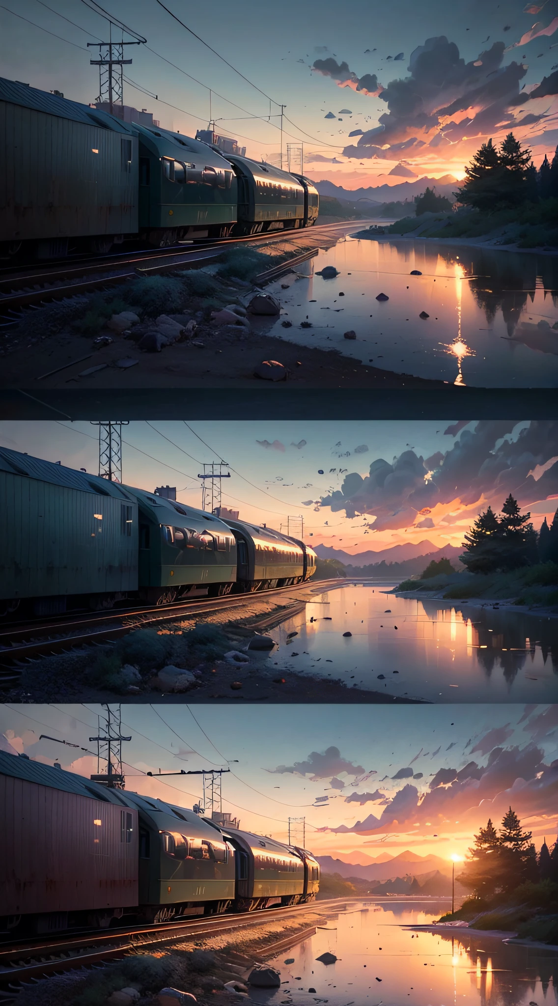 Masterpiece, anime train on tracks through a body of water, pink train. Romantic Train, Makoto Shinkai's picture, pixiv, concept art, lofi art style, reflection. by makoto shinkai, lofi art, beautiful anime scenes, anime scenery, detailed scenery—width 672, in style of makoto shinkai, style of makoto shinkai, details enhanced. --auto