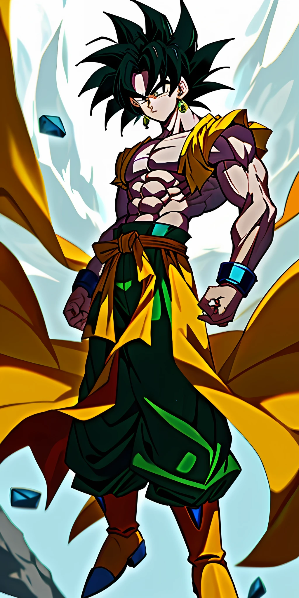 (masterpiece, best quality),1boy, Broly from Dragon Ball Z, Broly is a light skinned Saiyan with dark eyes and black spiky hair reaching his mid-back with short bangs framing his forehead. Broly is a towering man with a lean but well-built frame. His facial expression, had a melancholic demeanor to it. He is shirtless with only a chain with a blue gem in the center while wearing white pants with a red sash draped around his waist and secured by a gold belt with a blue gem-center. He also wears similar yellow boots with a blue gem at the top the front.