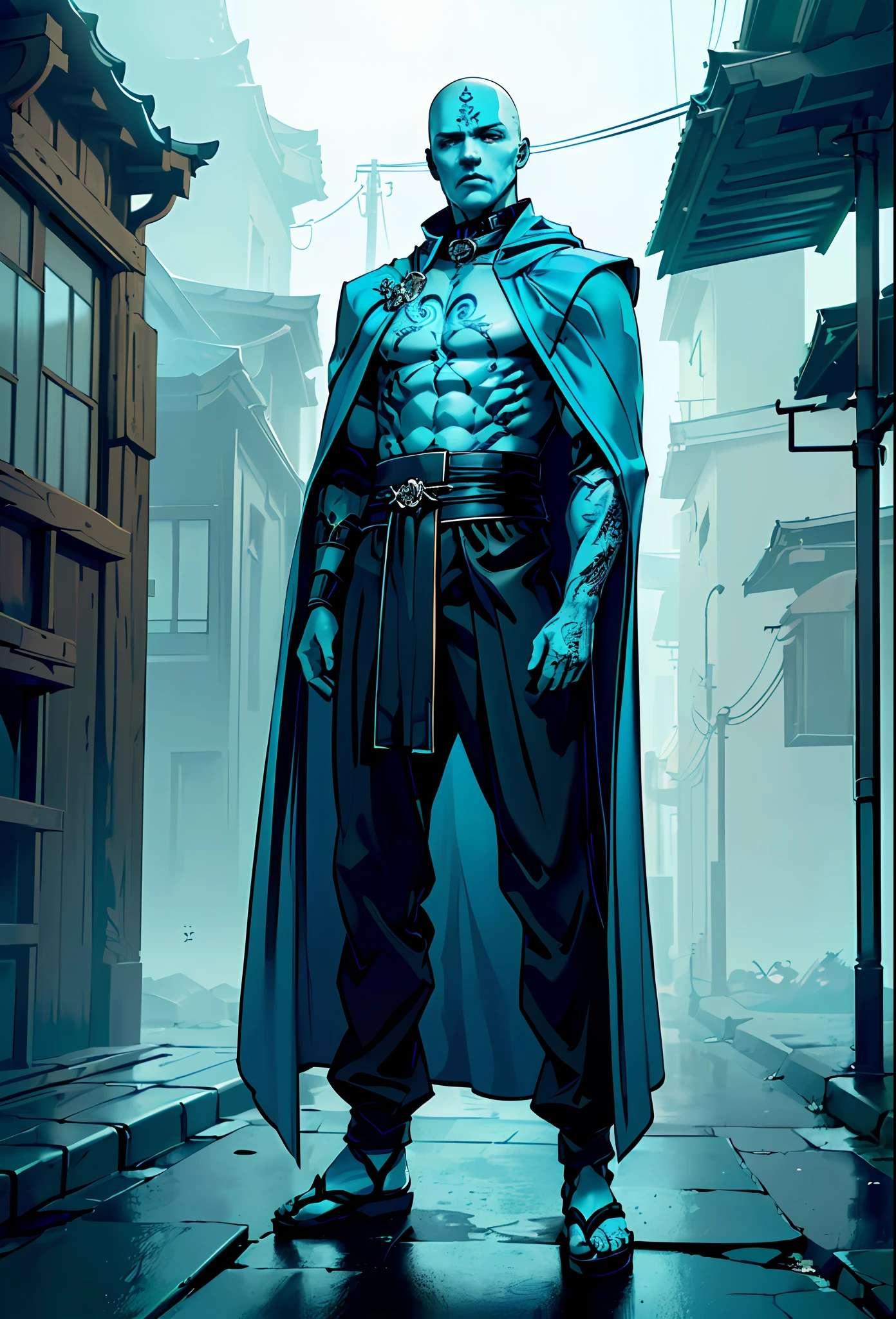 (
    (Character: one boy, pale skin:1.3, bald hair, tattoos:1.3, calm expression, lean body:1.4), short,(with bo:1.3)
    (Clothing: cyan monk cloak:1.3, Geta, collar japamala:1.4)
    (Pose: full body shot:1.5)
    (Background:dark alley, intense urban lights in background, foggy, night, cyan color scheme)
    (Style: ((Best quality)), ((masterpiece)), (face detailed:1.4),photo-realistic:1.3,hyperrealistic)
)