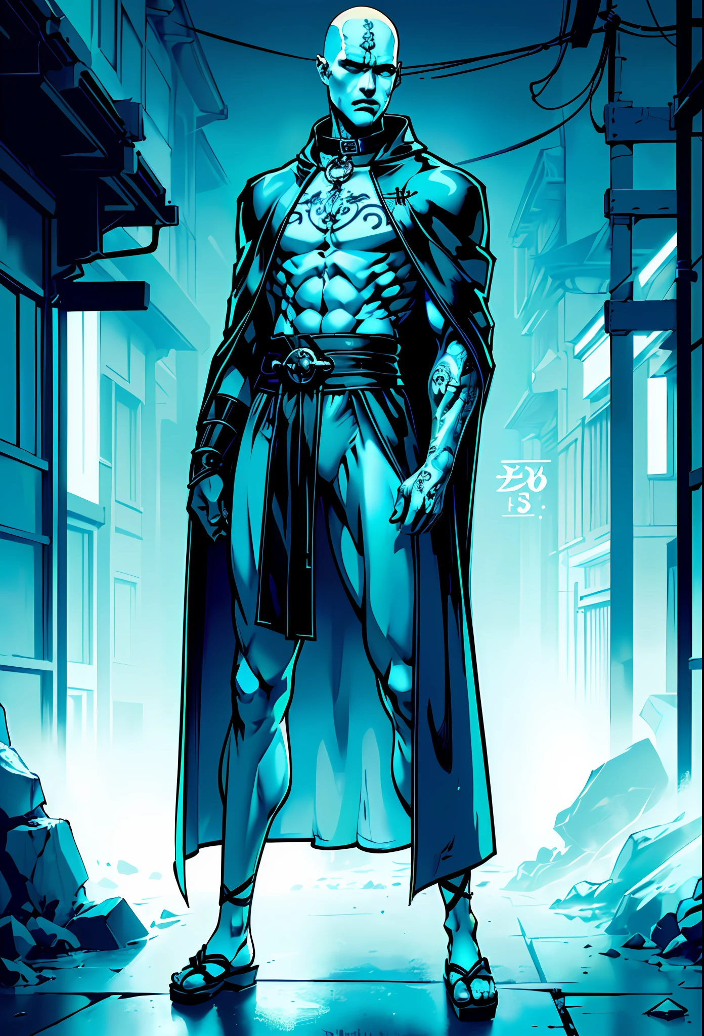 (
(Character: one boy, pale skin:1.3, bald hair, tattoos:1.3, calm expression, lean body:1.4), short,(with bo:1.3)
(Clothing: cyan monk cloak:1.3, Geta, collar japamala:1.4)
(Pose: full body shot:1.5)
(Background:dark alley, intense urban lights in background, foggy, night, cyan color scheme)
(Style: ((Best quality)), ((masterpiece)), (face detailed:1.4),photo-realistic:1.3,hyperrealistic)
)
