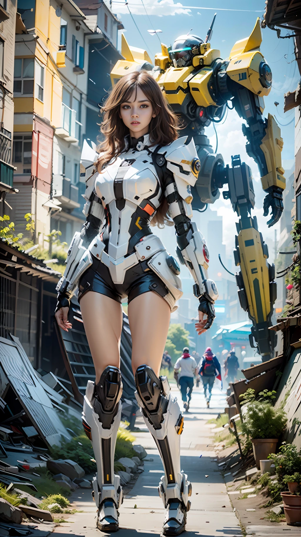 ((Best quality)), ((masterpiece)), (highly detailed:1.3), 3D,Shitu-mecha, beautiful cyberpunk women with her mecha in the ruins of city from a forgoten war, ancient technology,HDR (High Dynamic Range),Ray Tracing,NVIDIA RTX,Super-Resolution,Unreal 5,Subsurface scattering,PBR Texturing,Post-processing,Anisotropic Filtering,Depth-of-field,Maximum clarity and sharpness,Multi-layered textures,Albedo and Specular maps,Surface shading,Accurate simulation of light-material interaction,Perfect proportions,Octane Render,Two-tone lighting,Low ISO,White balance,Rule of thirds,Wide aperature,8K RAW,Efficient Sub-Pixel,sub-pixel convolution,luminescent particles,light scattering,Tyndall effect