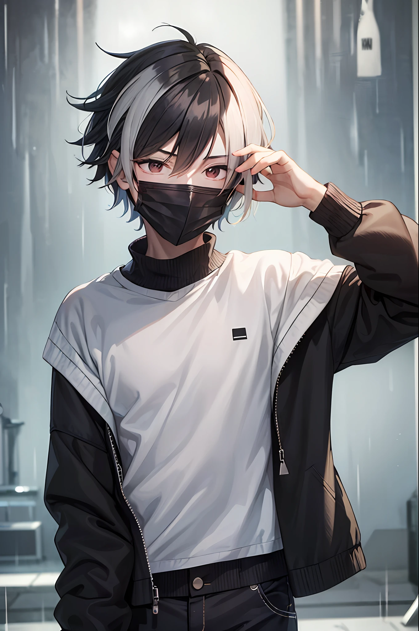 Emo boy, anime, mask, white hair, red eyes, raining