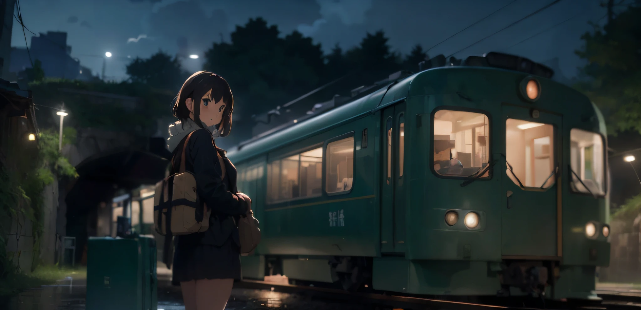 anime girl standing in front of train at night, 4k anime wallpaper, anime wallpaper 4 K, anime art wallpaper 8 K, anime wallpaper 4k, anime style 4 k, anime art wallpaper 4 k, anime art wallpaper 4k, Makoto Shinkai style, ( ( Makoto Shinkai ) ), Makoto Shinkai style, (train car: 1.5)